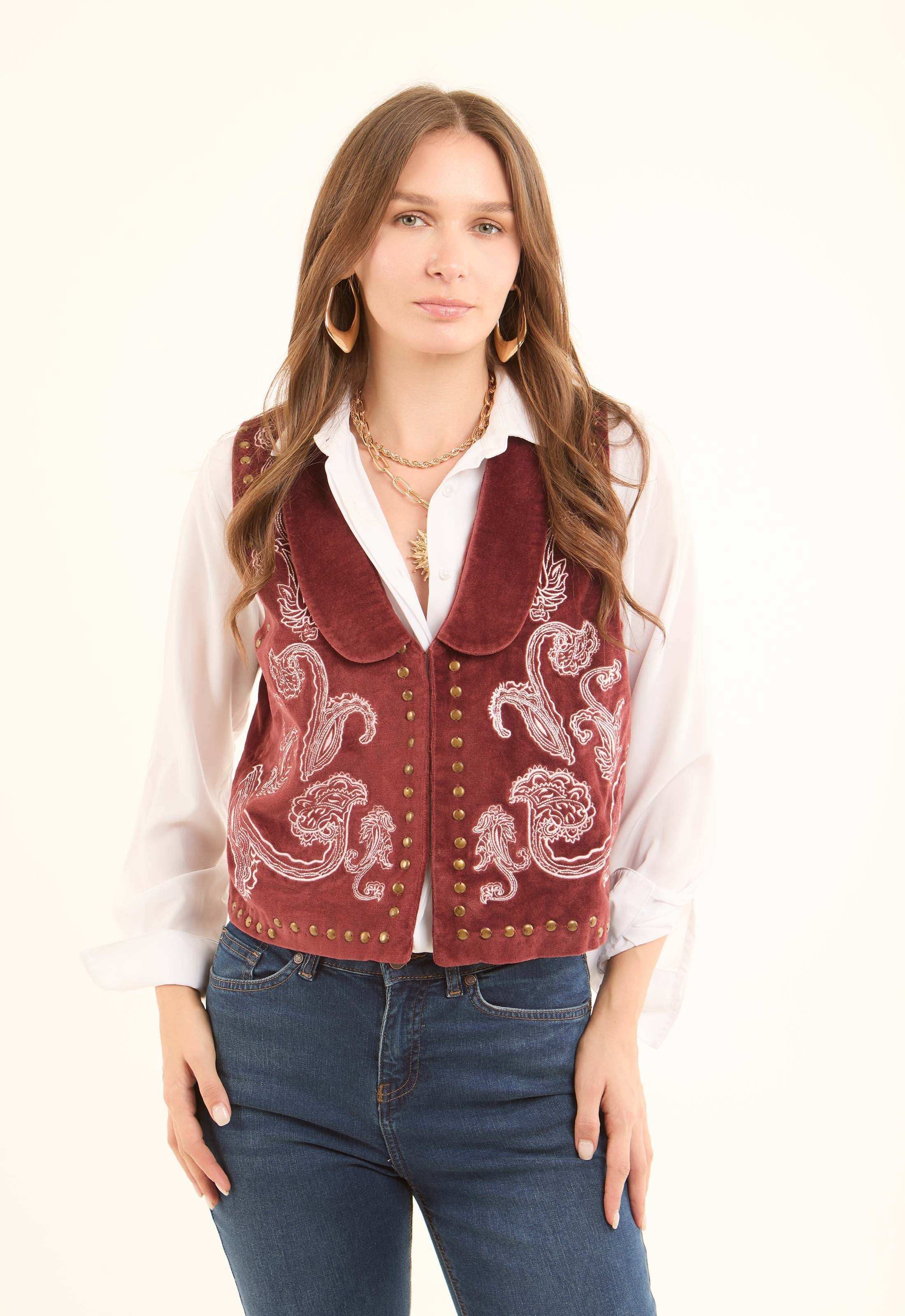 Vintage Velvet Vest with Embroidery & Brass Studs