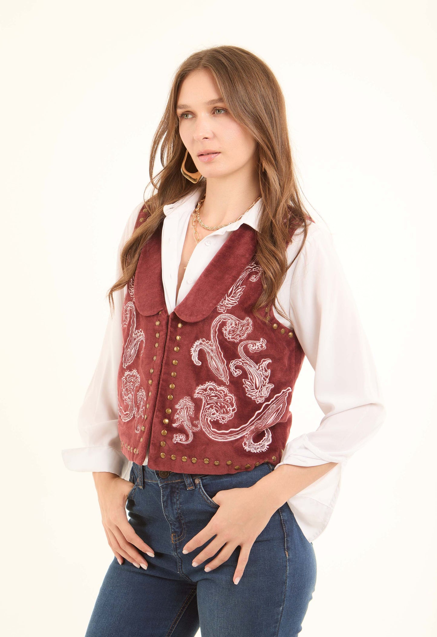 Vintage Velvet Vest with Embroidery & Brass Studs