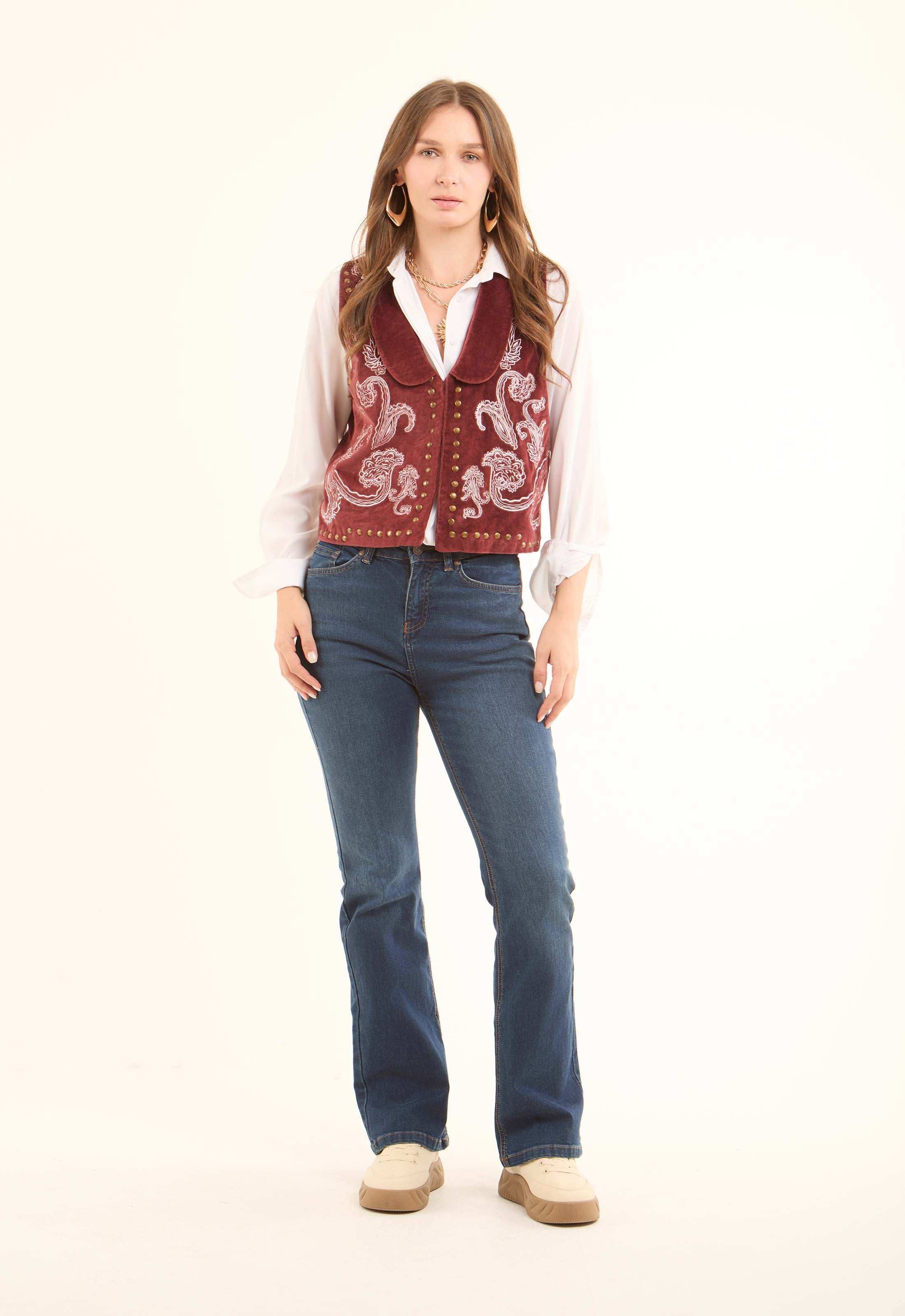 Vintage Velvet Vest with Embroidery & Brass Studs