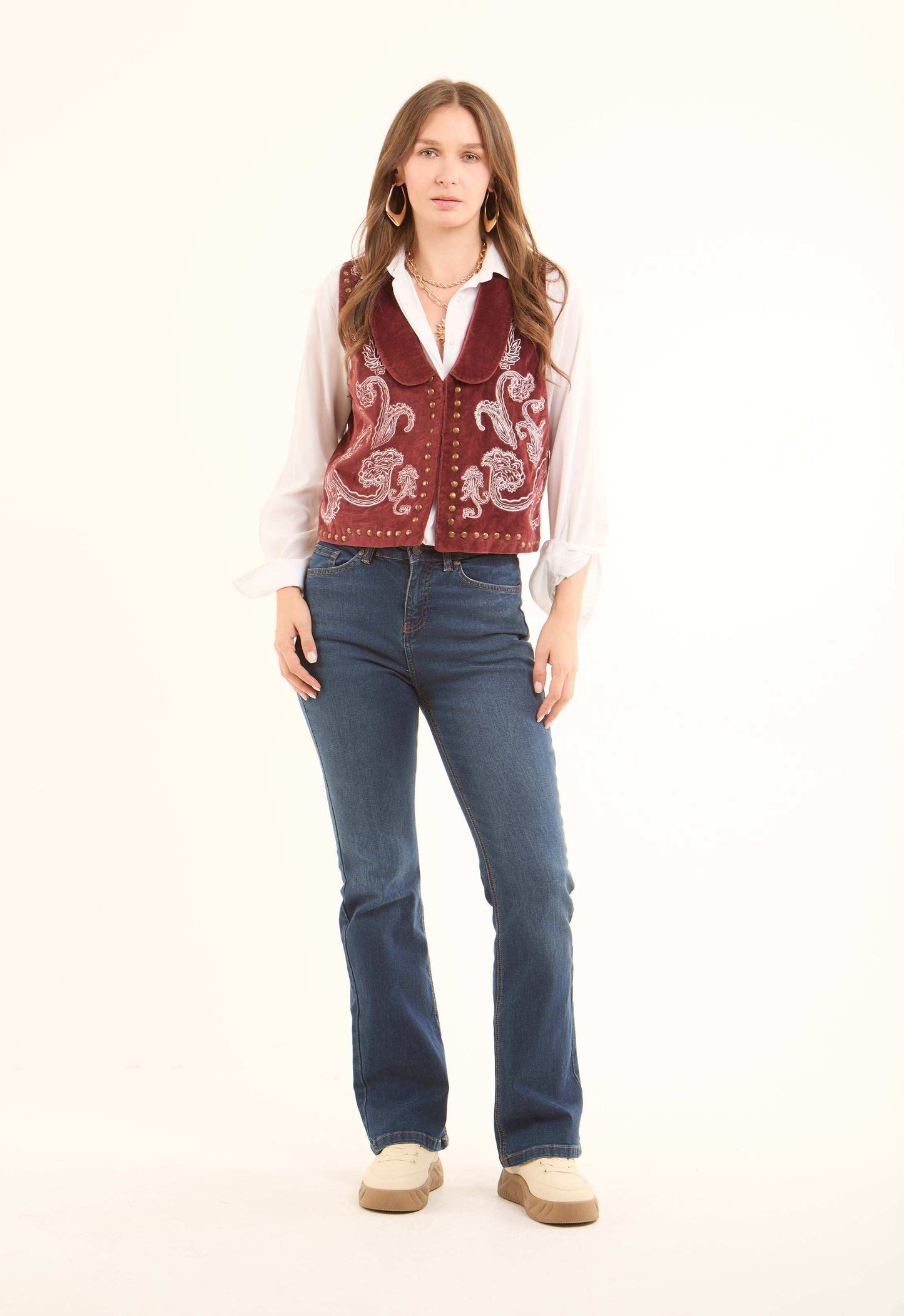 Vintage Velvet Vest with Embroidery & Brass Studs