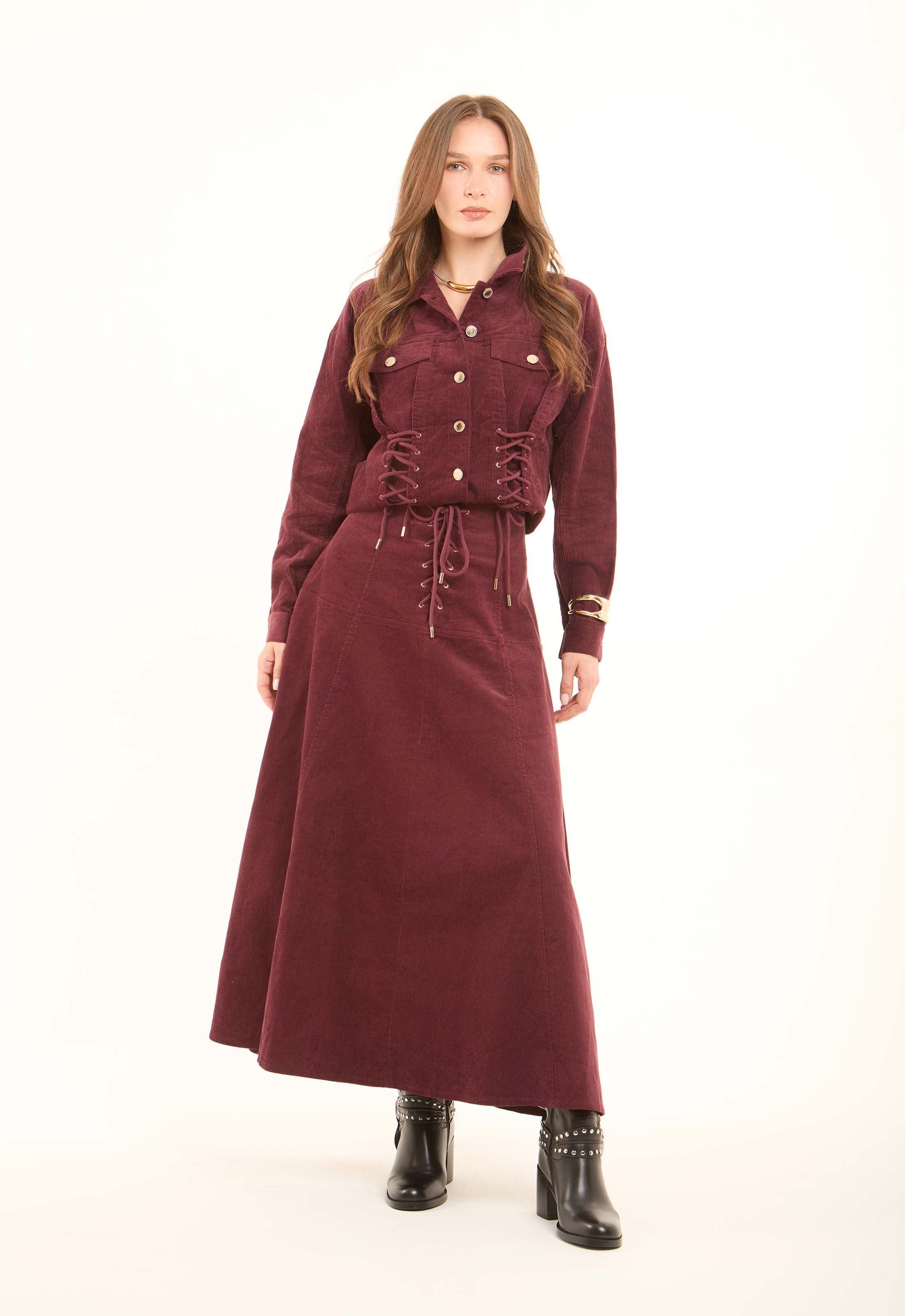 Front Lace-Up Ribbed A-Line Skirt