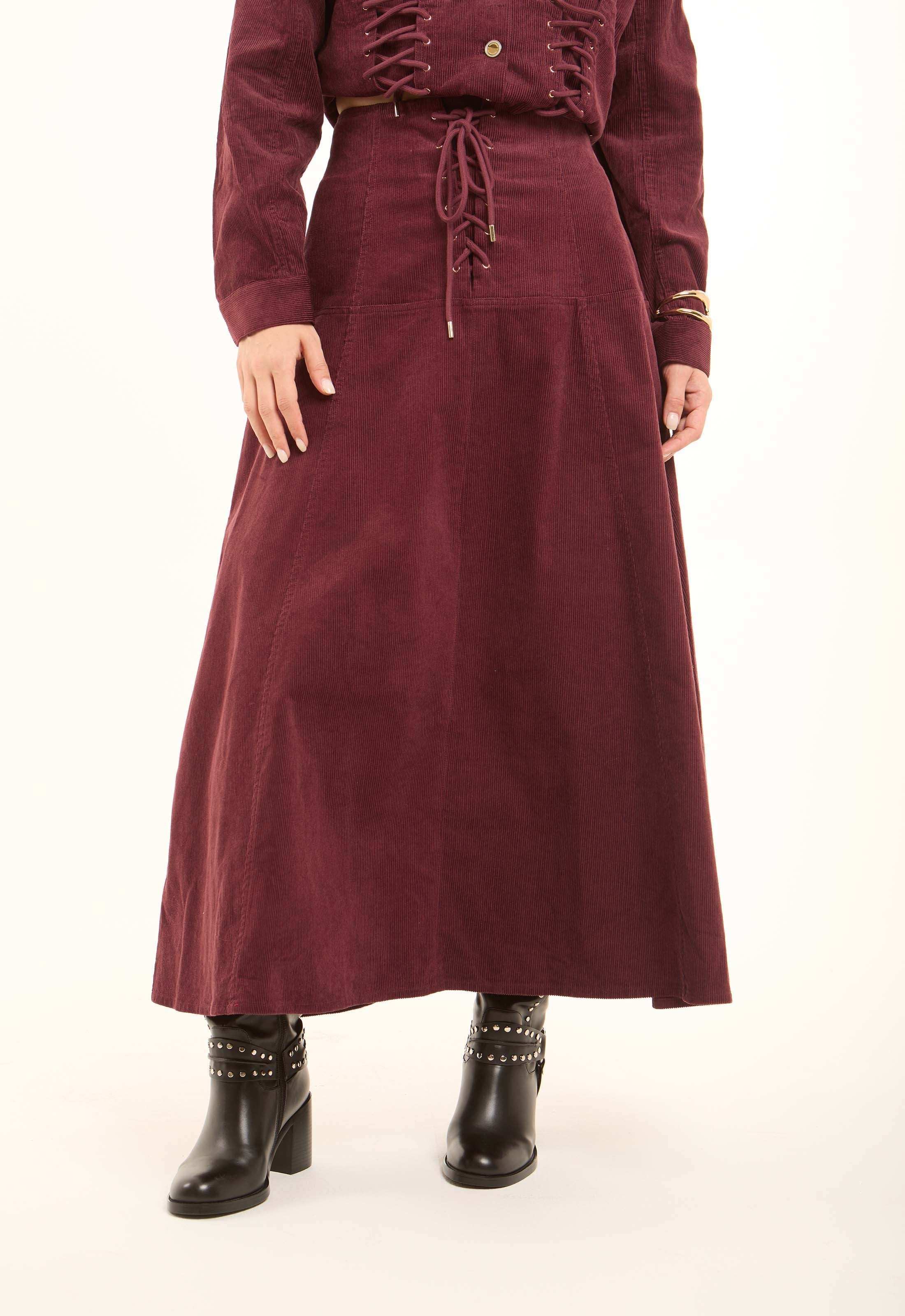 Front Lace-Up Ribbed A-Line Skirt