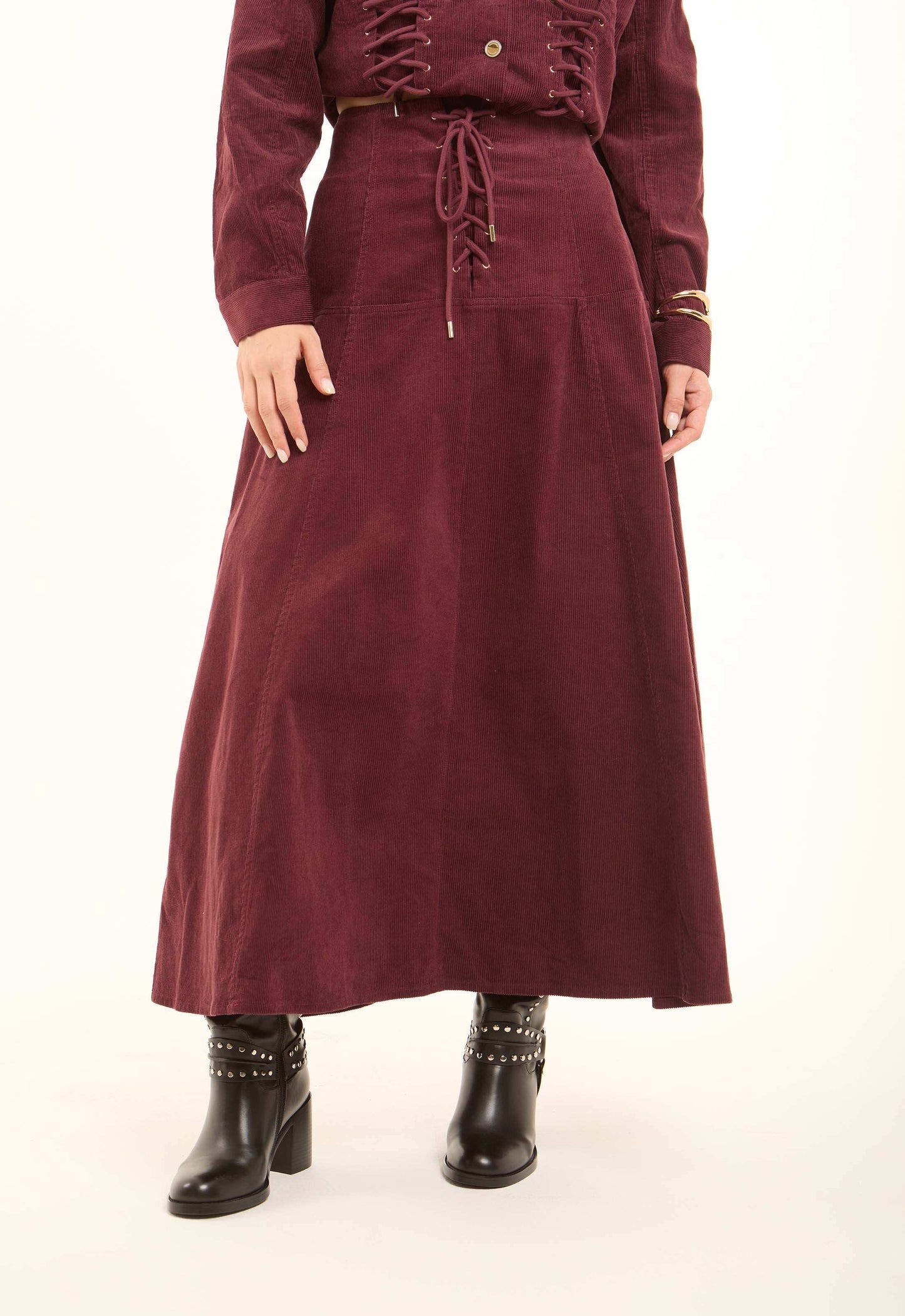Front Lace-Up Ribbed A-Line Skirt