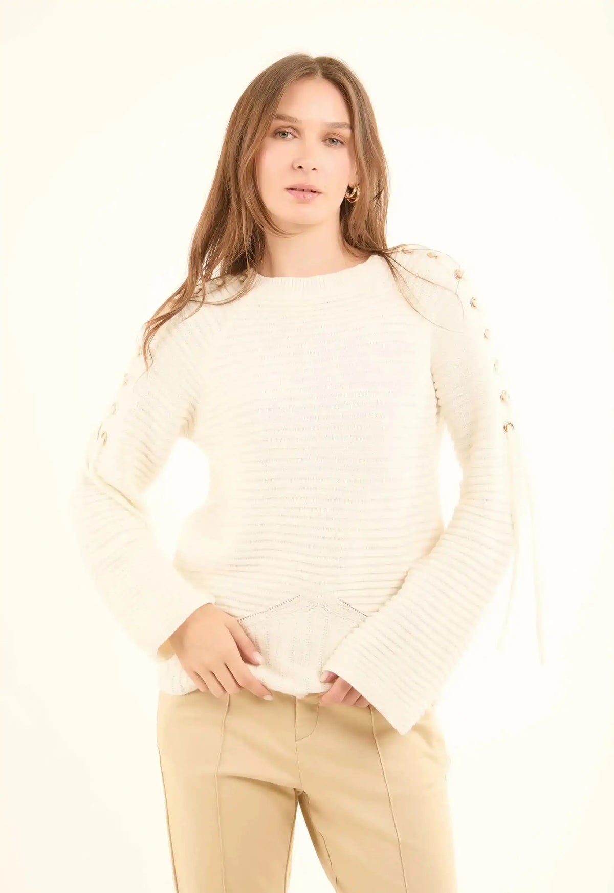 Decorative Lace-Up Sleeves Striped Pullover