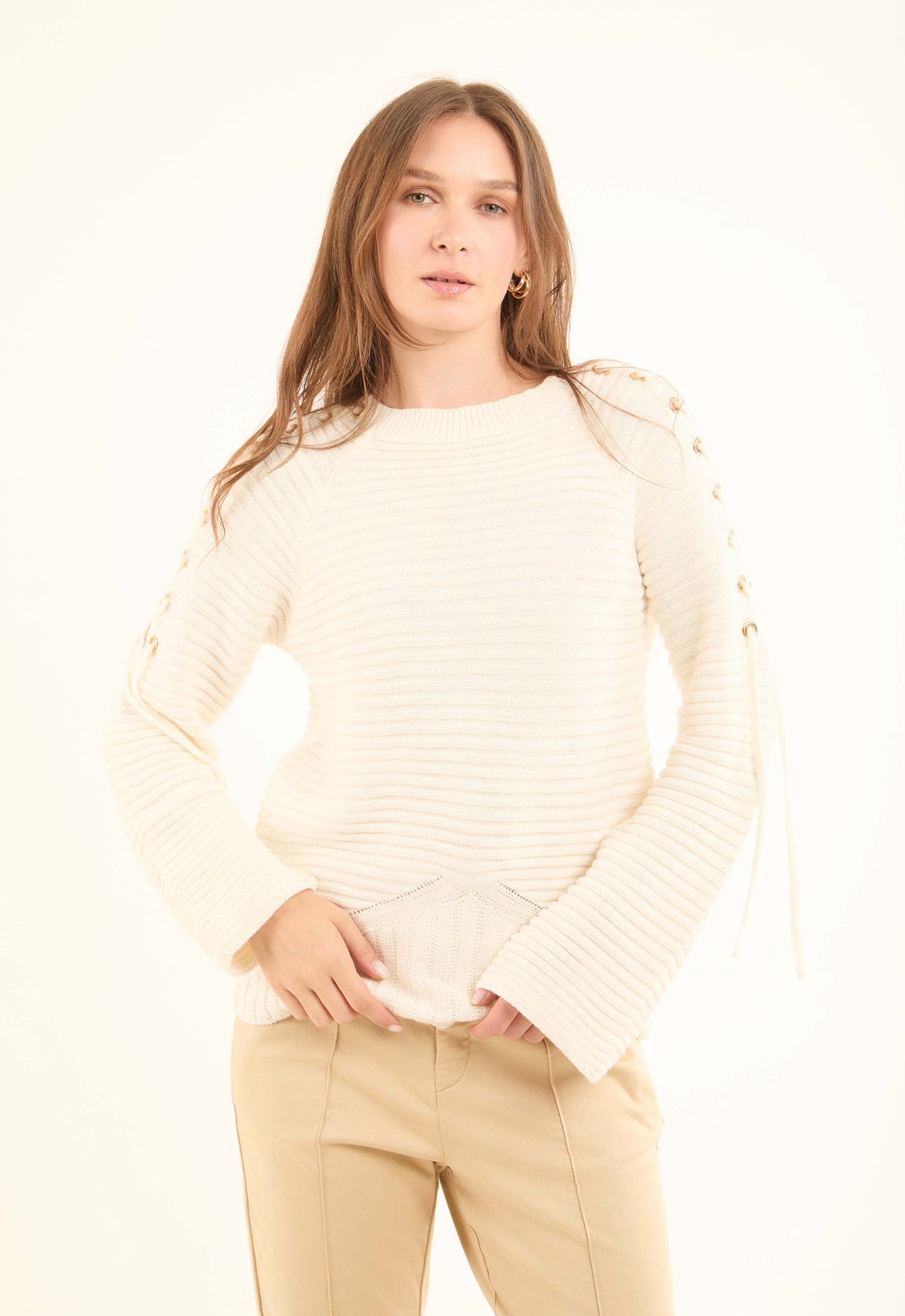 Decorative Lace-Up Sleeves Striped Pullover