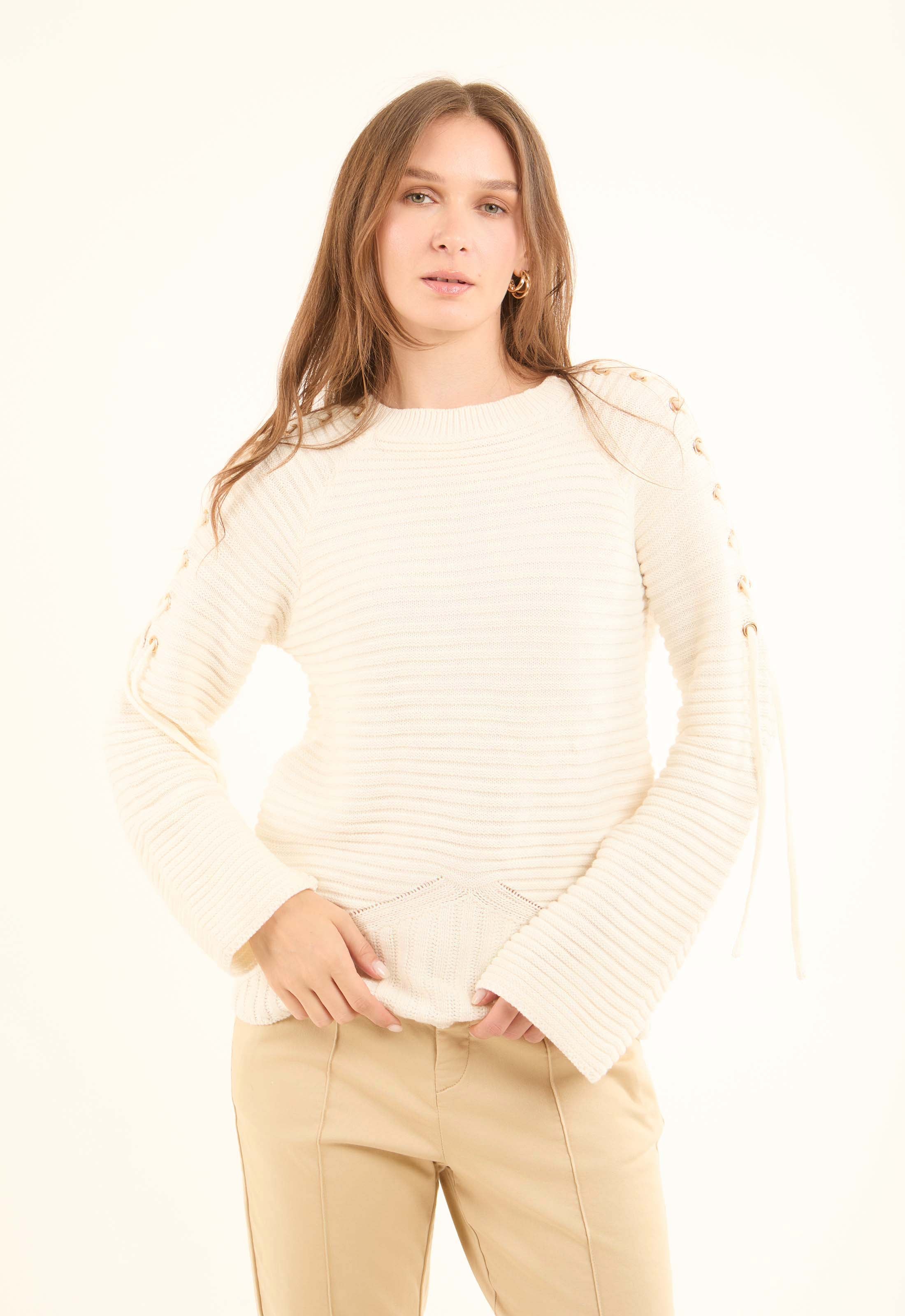 Decorative Lace-Up Sleeves Striped Pullover