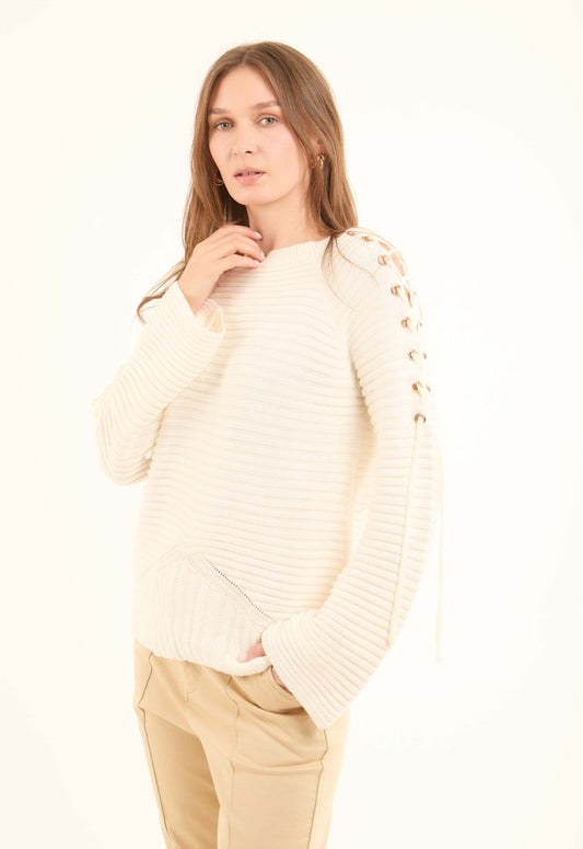 Decorative Lace-Up Sleeves Striped Pullover