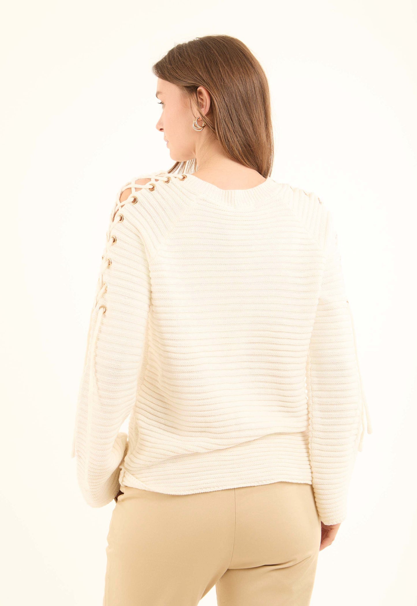 Decorative Lace-Up Sleeves Striped Pullover