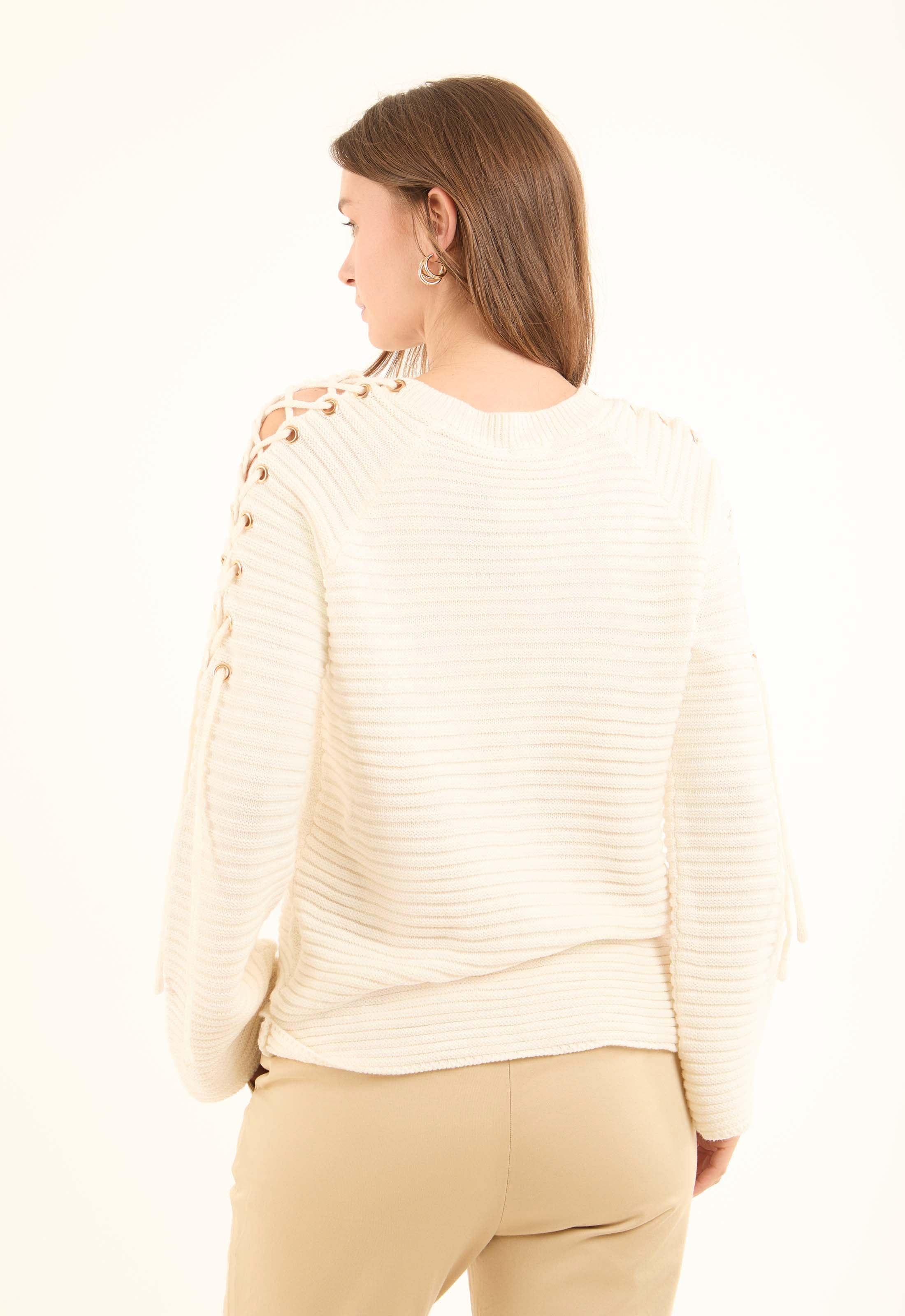 Decorative Lace-Up Sleeves Striped Pullover