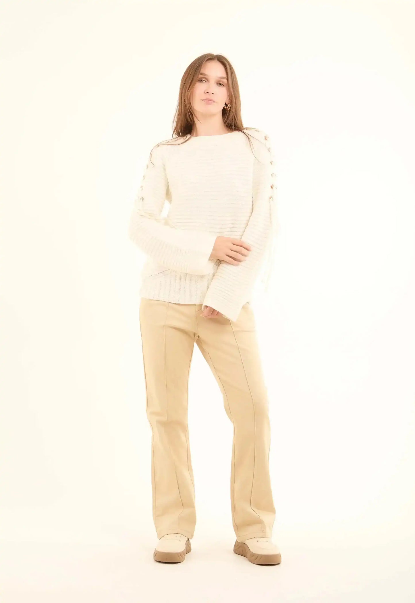 Decorative Lace-Up Sleeves Striped Pullover