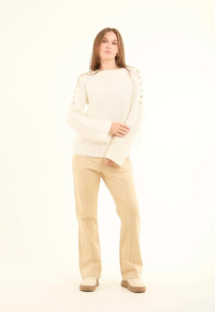 Decorative Lace-Up Sleeves Striped Pullover