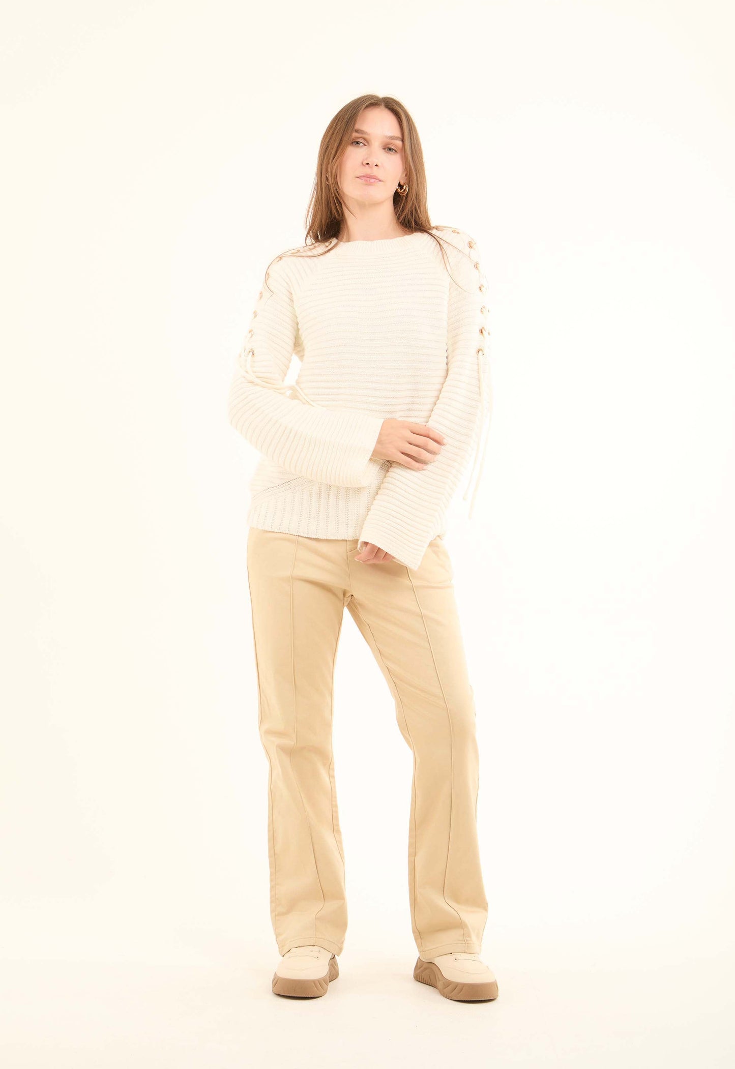 Decorative Lace-Up Sleeves Striped Pullover