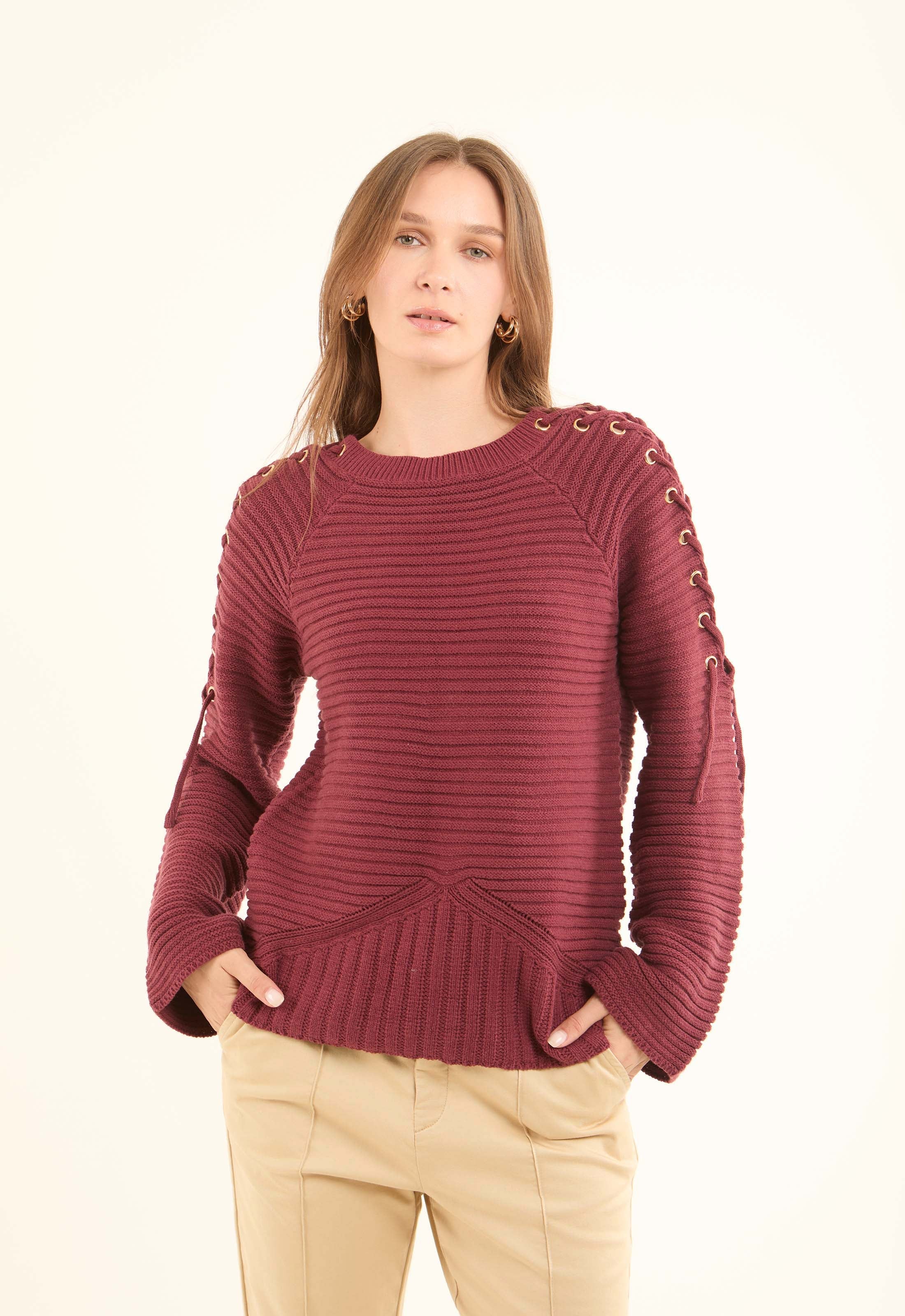 Decorative Lace-Up Sleeves Striped Pullover