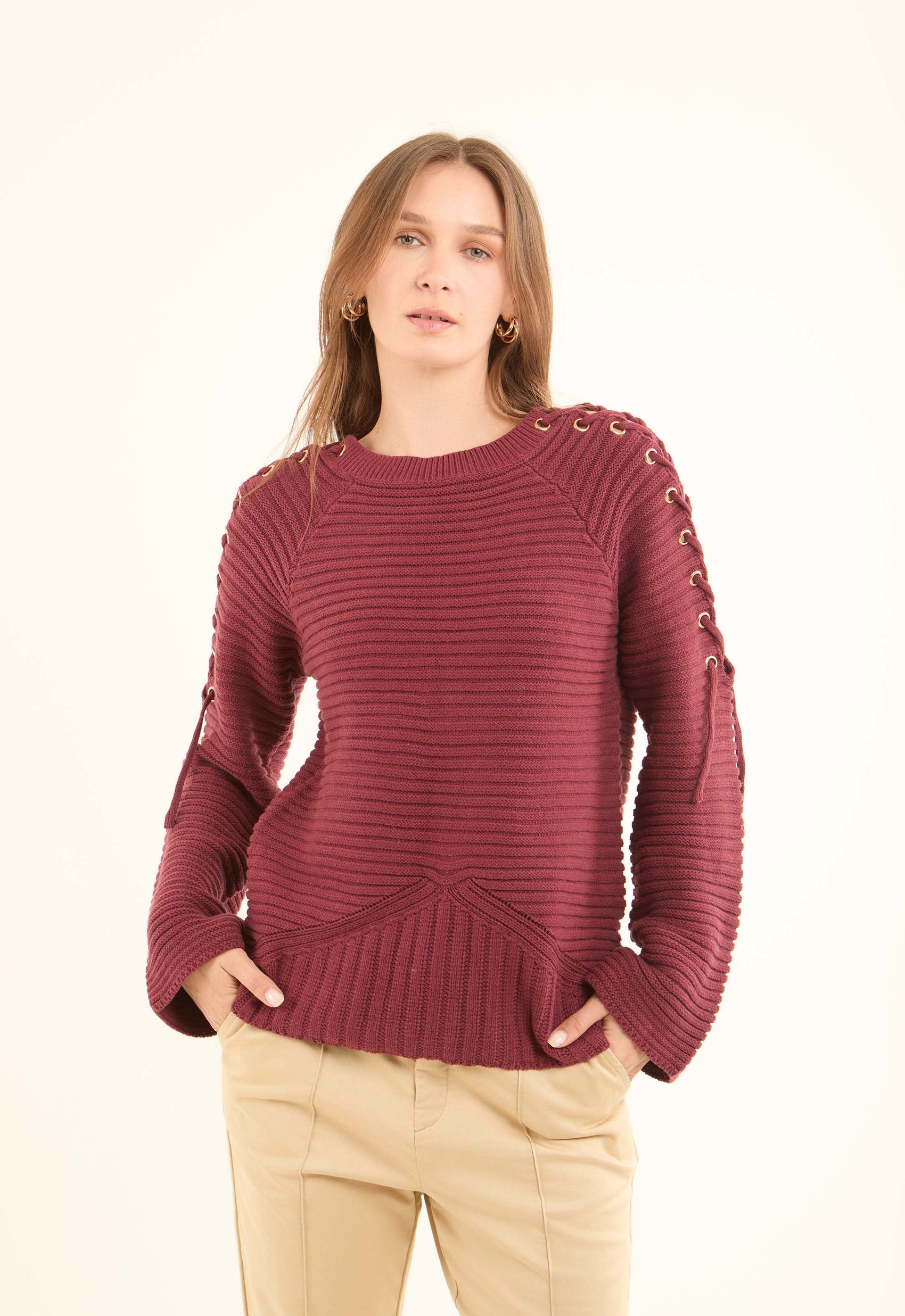 Decorative Lace-Up Sleeves Striped Pullover