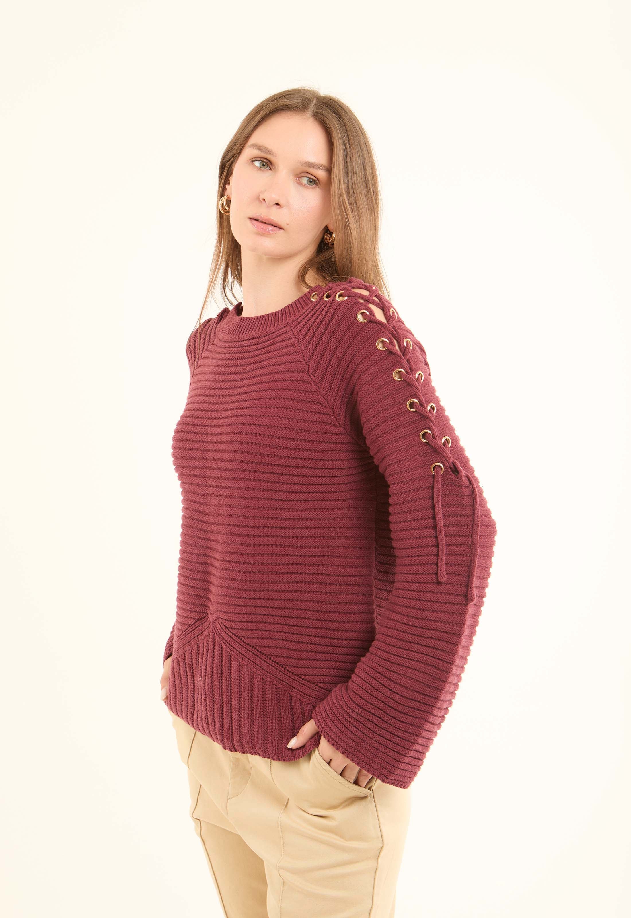 Decorative Lace-Up Sleeves Striped Pullover
