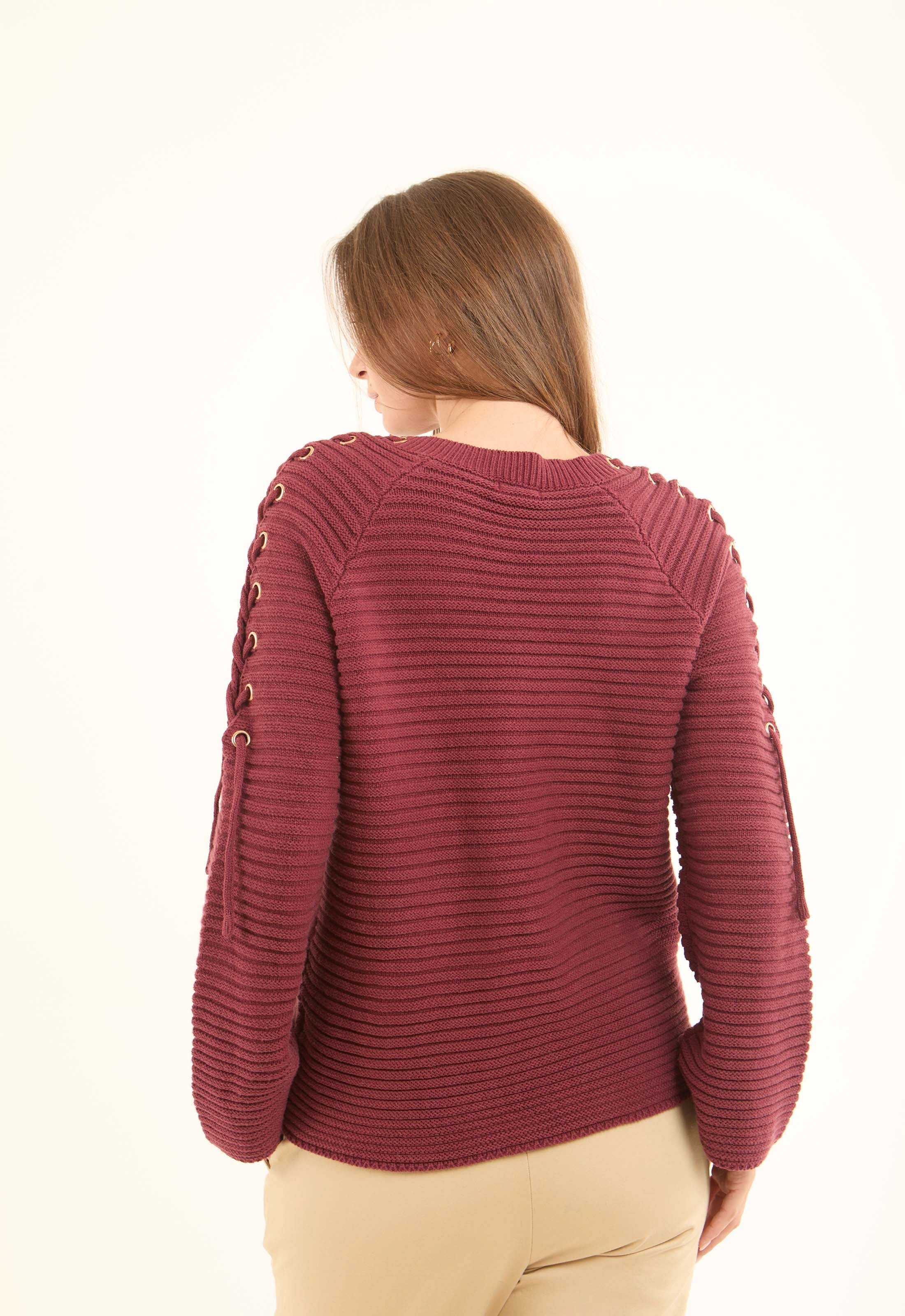 Decorative Lace-Up Sleeves Striped Pullover