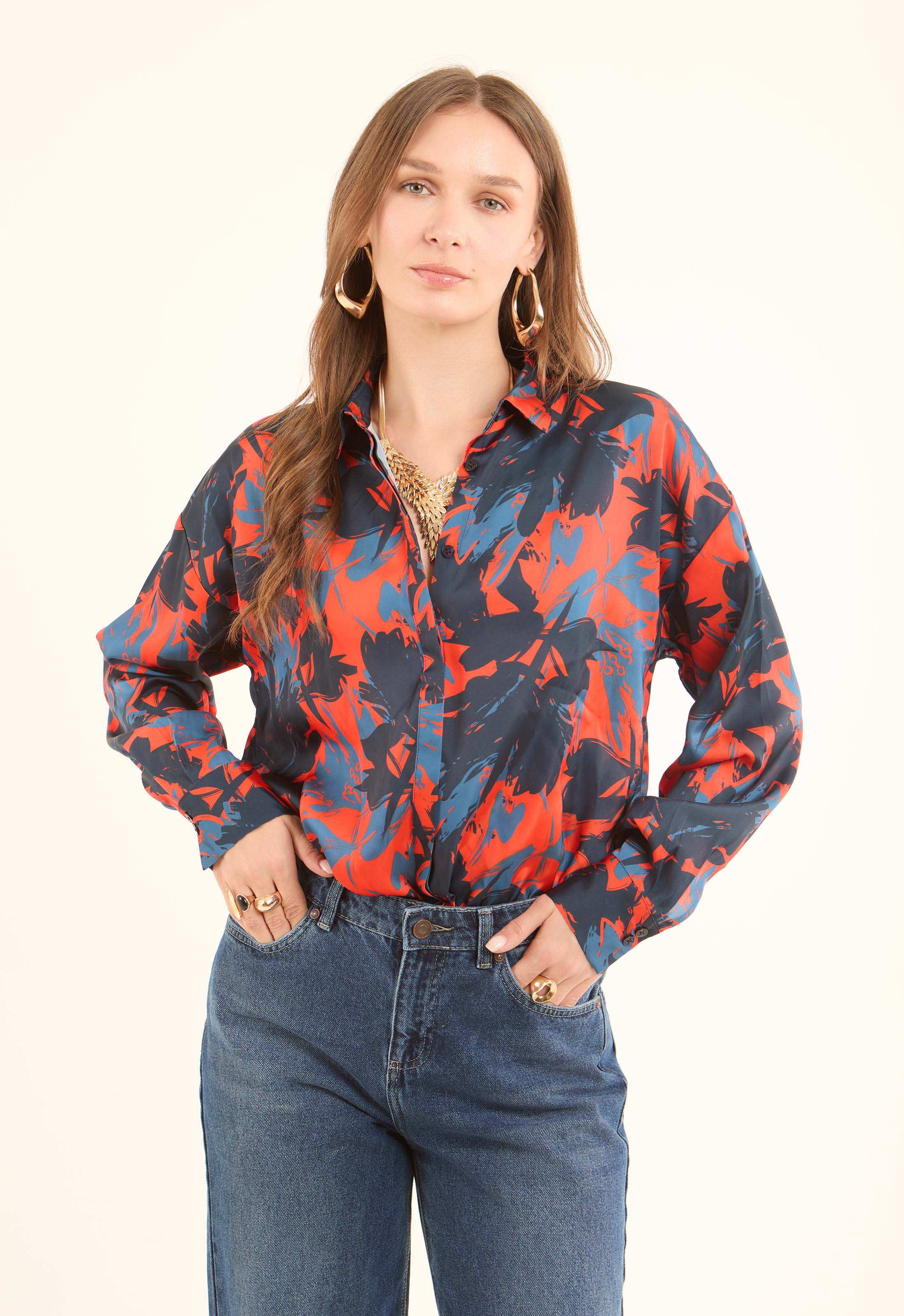 Printed Satin-Feel Blouse with Classic Collar