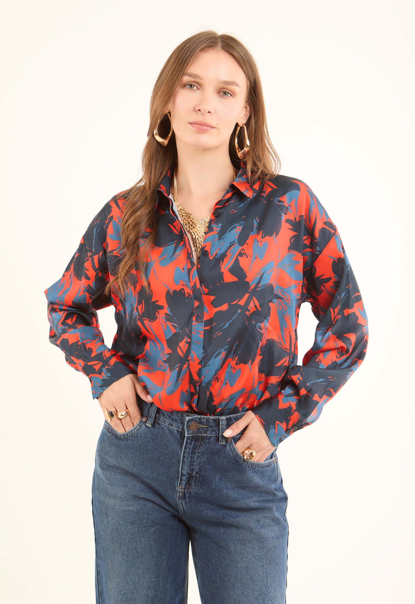 Printed Satin-Feel Blouse with Classic Collar