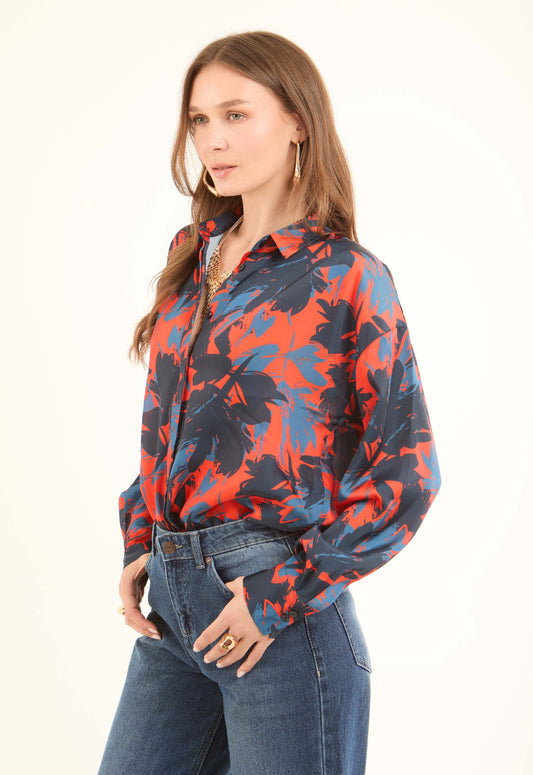 Printed Satin-Feel Blouse with Classic Collar