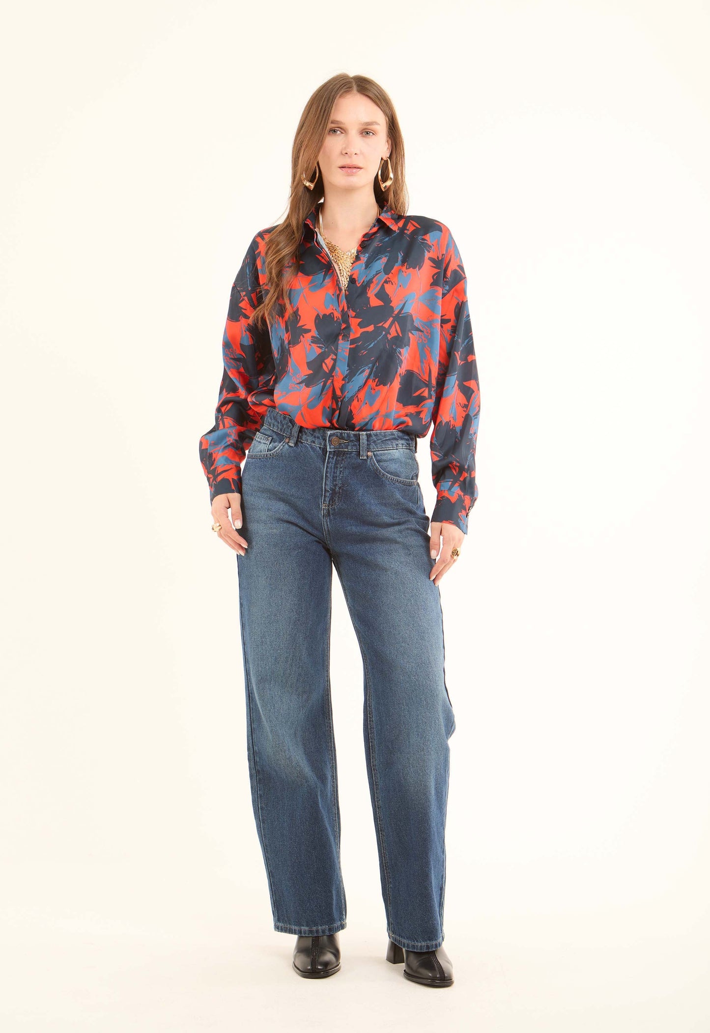 Printed Satin-Feel Blouse with Classic Collar