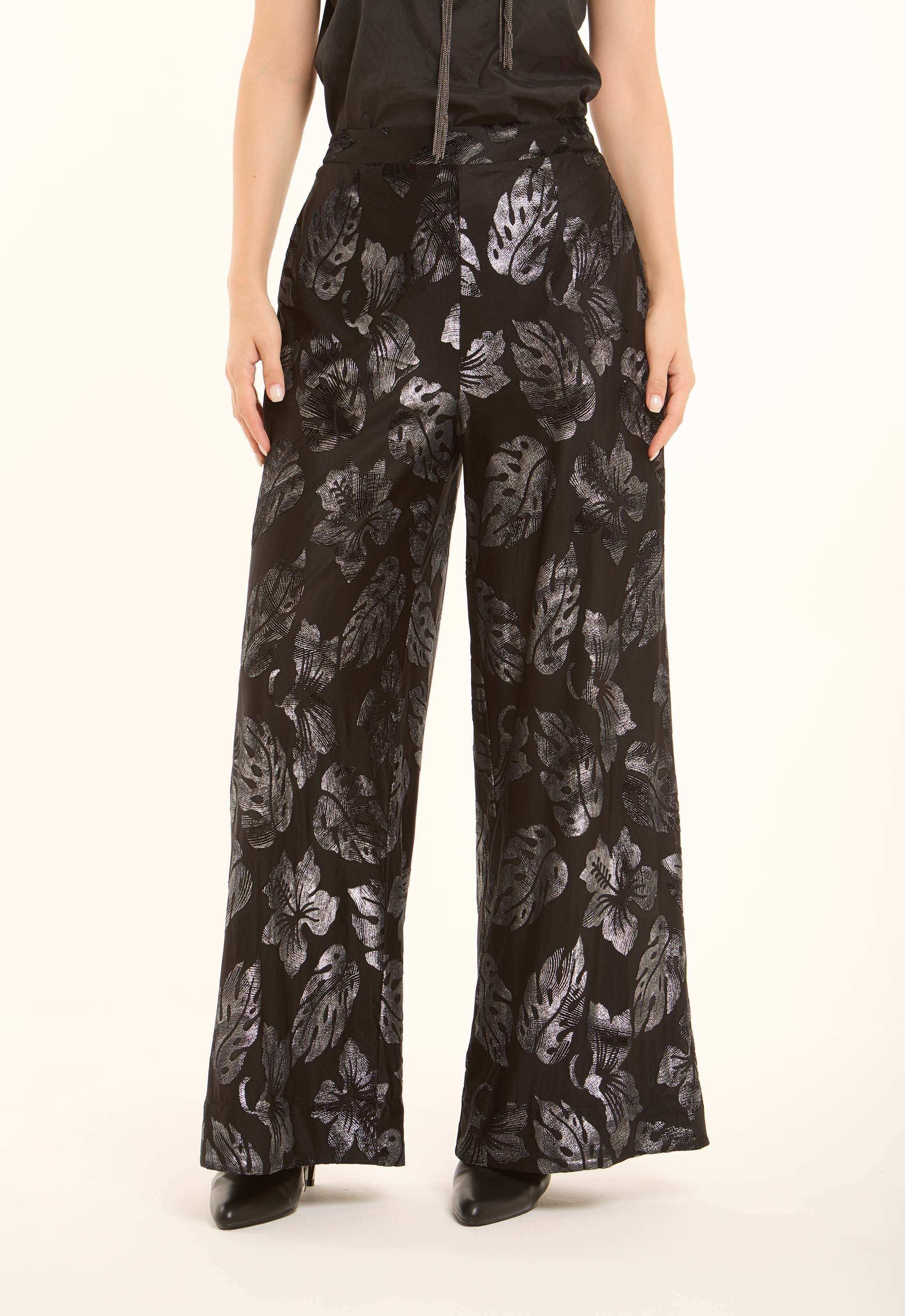 Leaf-Pattern Blend Wide-Leg Pants