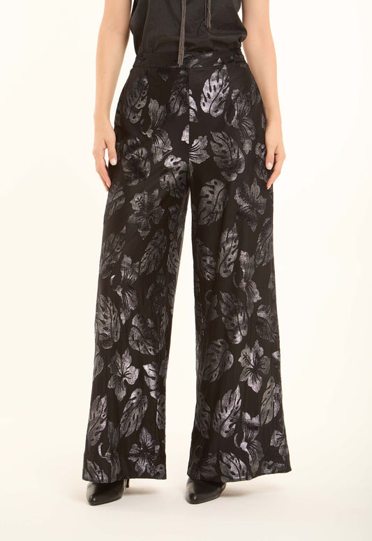 Leaf-Pattern Blend Wide-Leg Pants