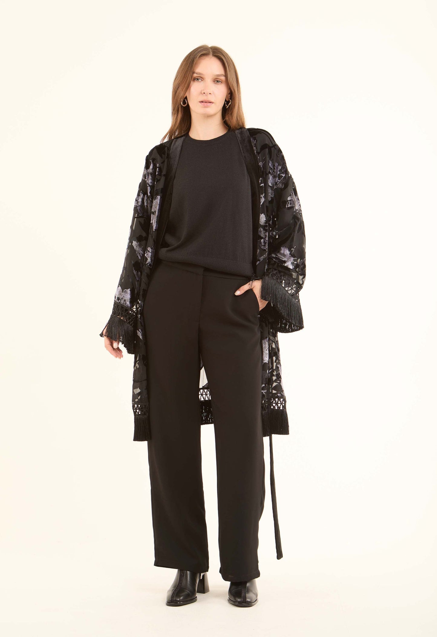 Velvet Floral Elegant Kimono with Fringed Sleeves