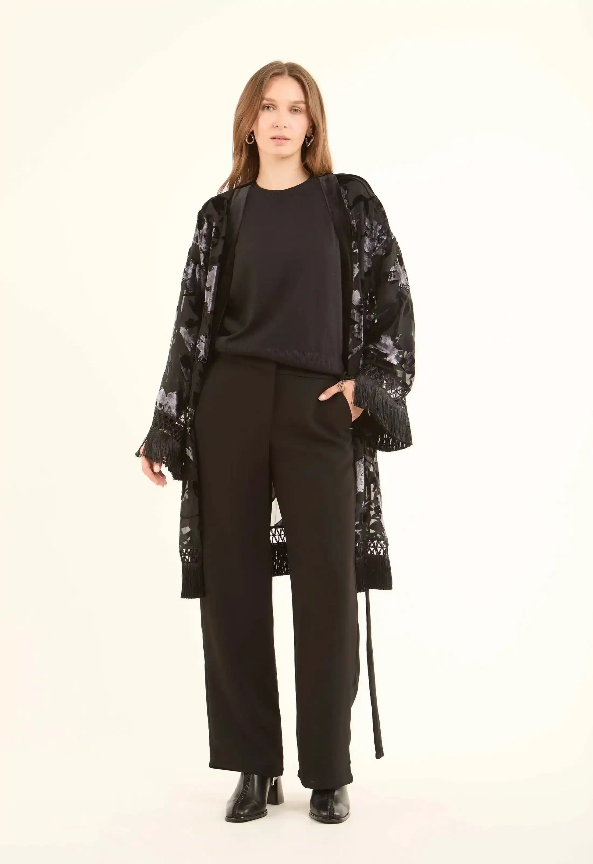 Velvet Floral Elegant Kimono with Fringed Sleeves