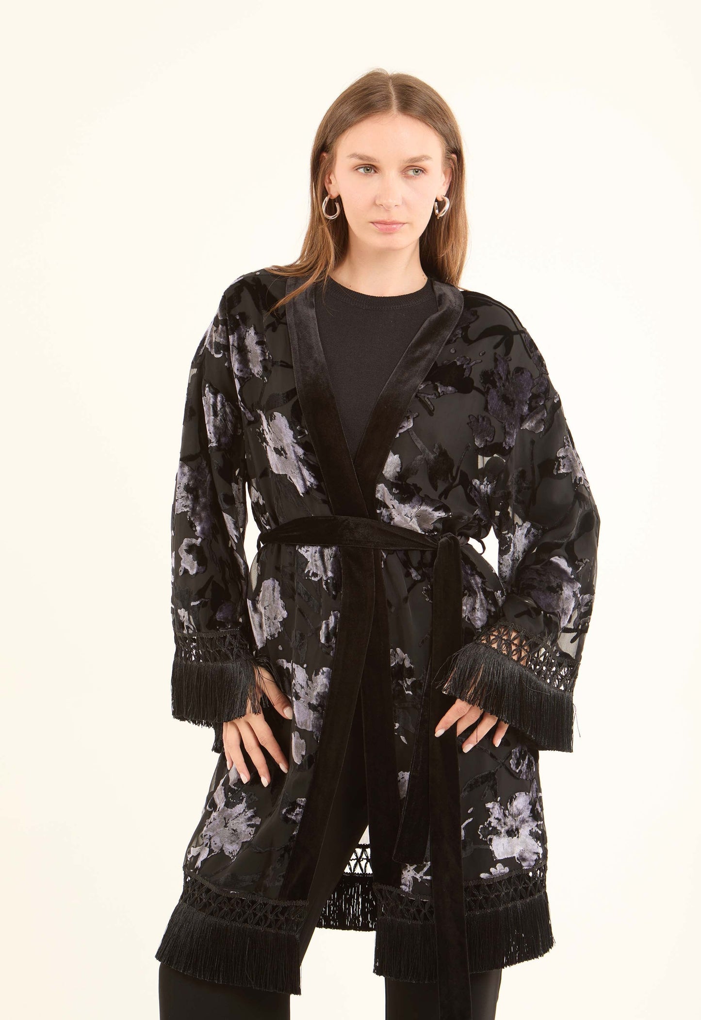 Velvet Floral Elegant Kimono with Fringed Sleeves