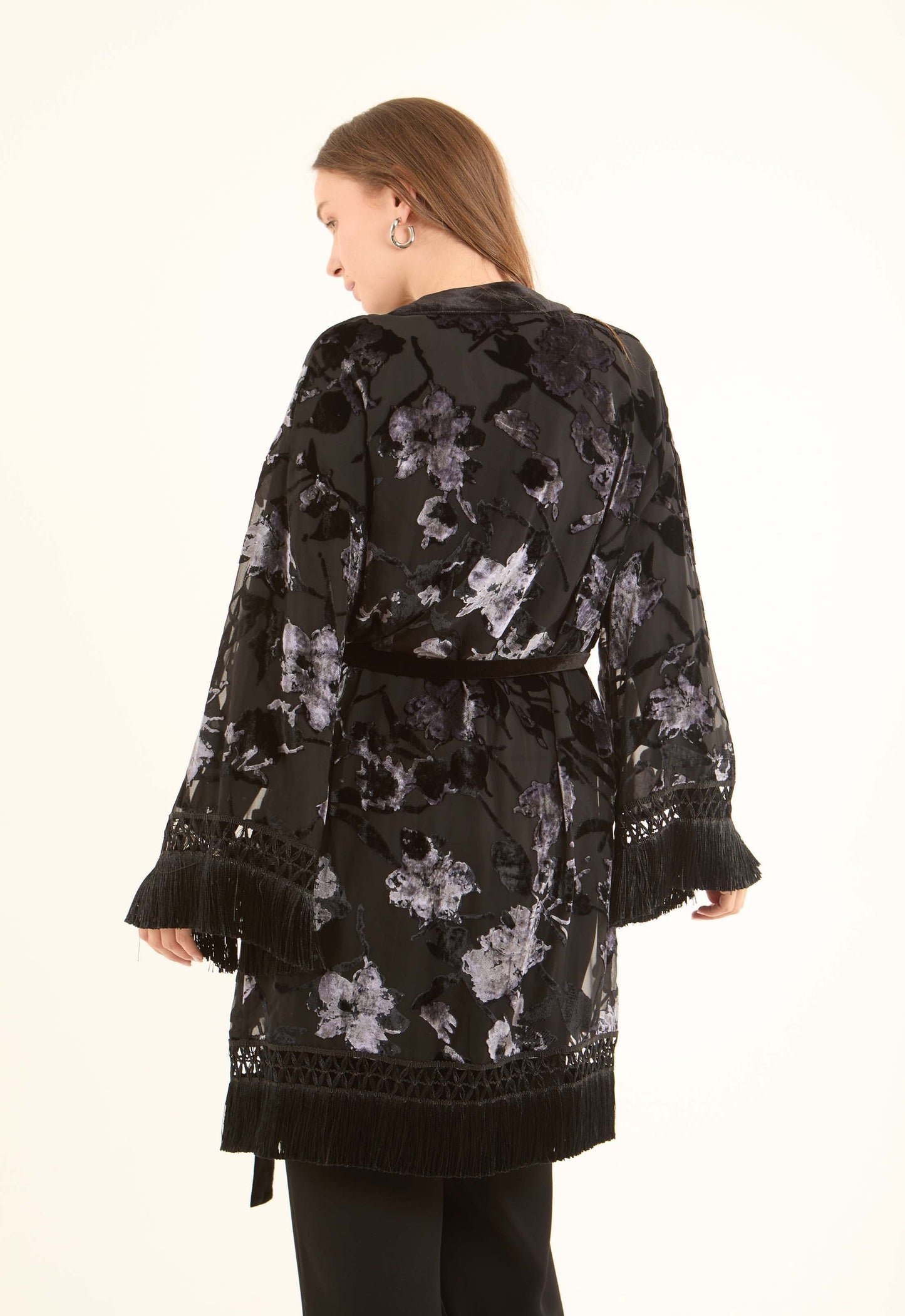 Velvet Floral Elegant Kimono with Fringed Sleeves