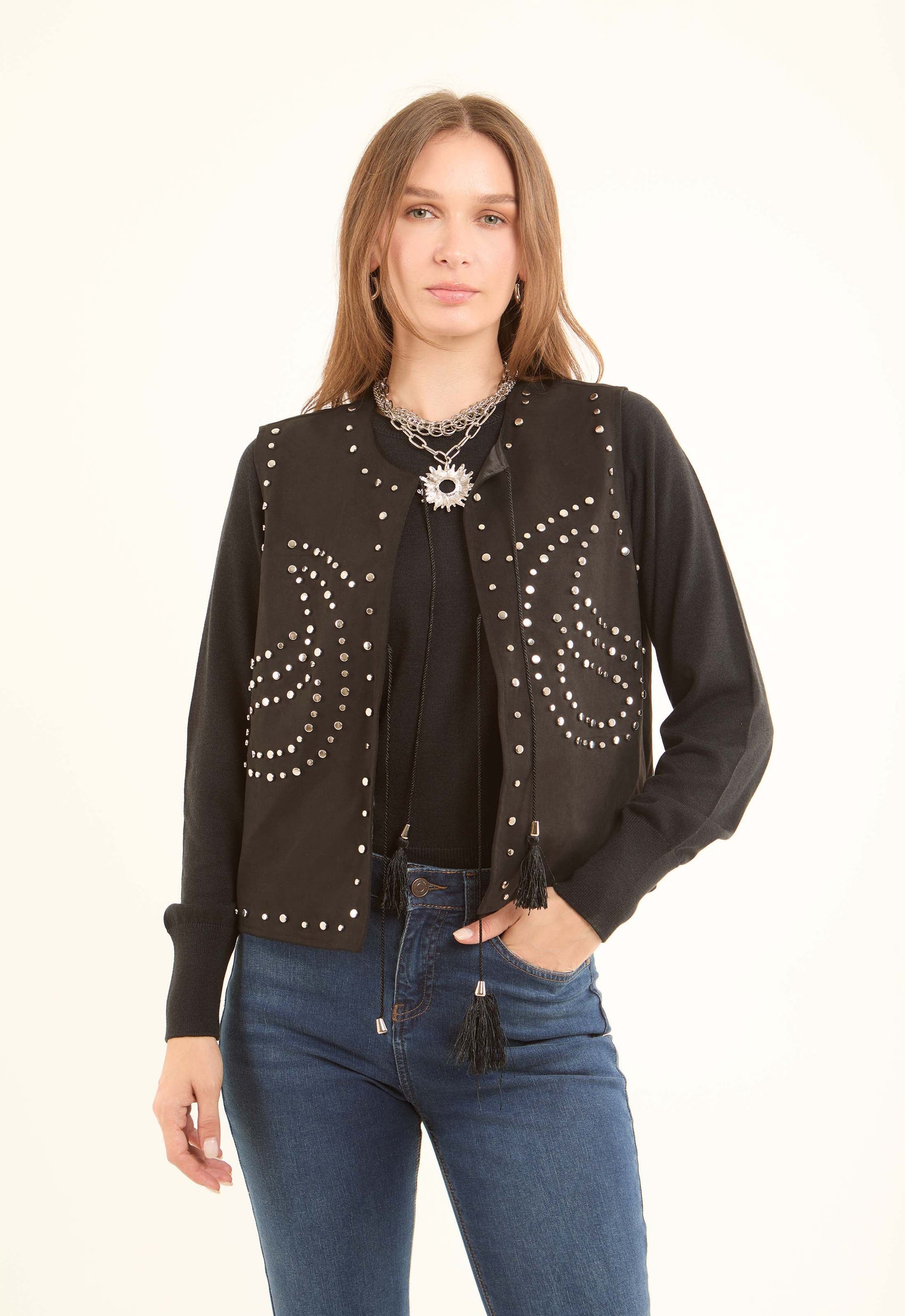 Embellished Silver Studs Lace-Up Vest