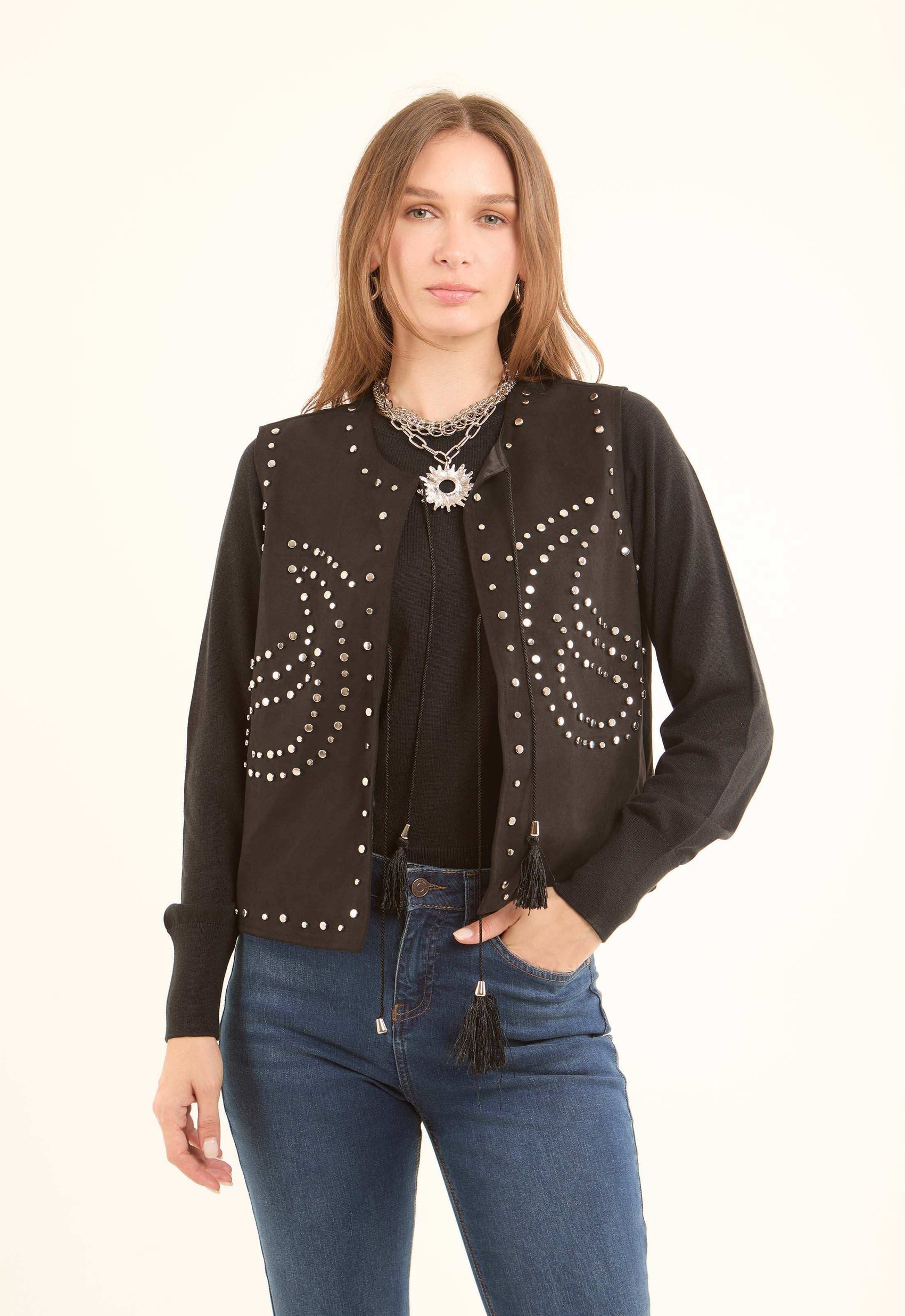 Embellished Silver Studs Lace-Up Vest