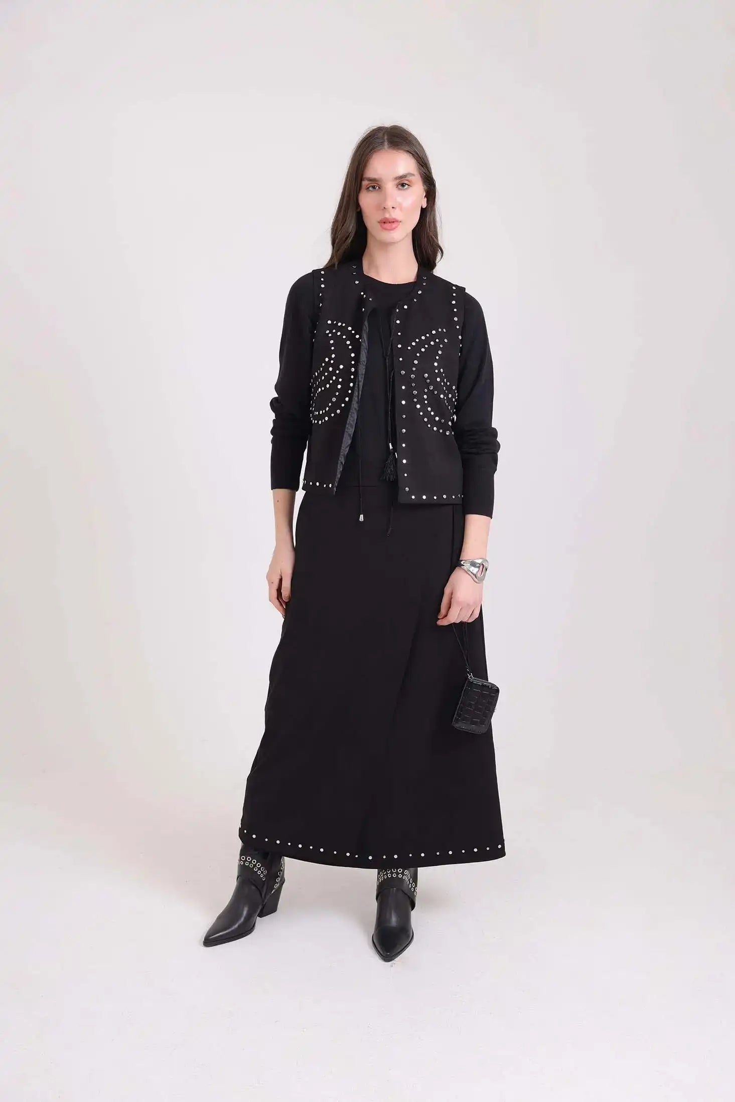 Comfy A-Line Skirt with Metal Studs Trim