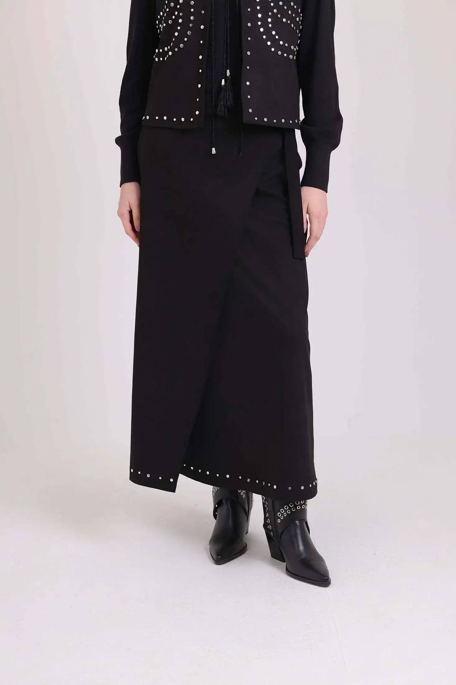 Comfy A-Line Skirt with Metal Studs Trim