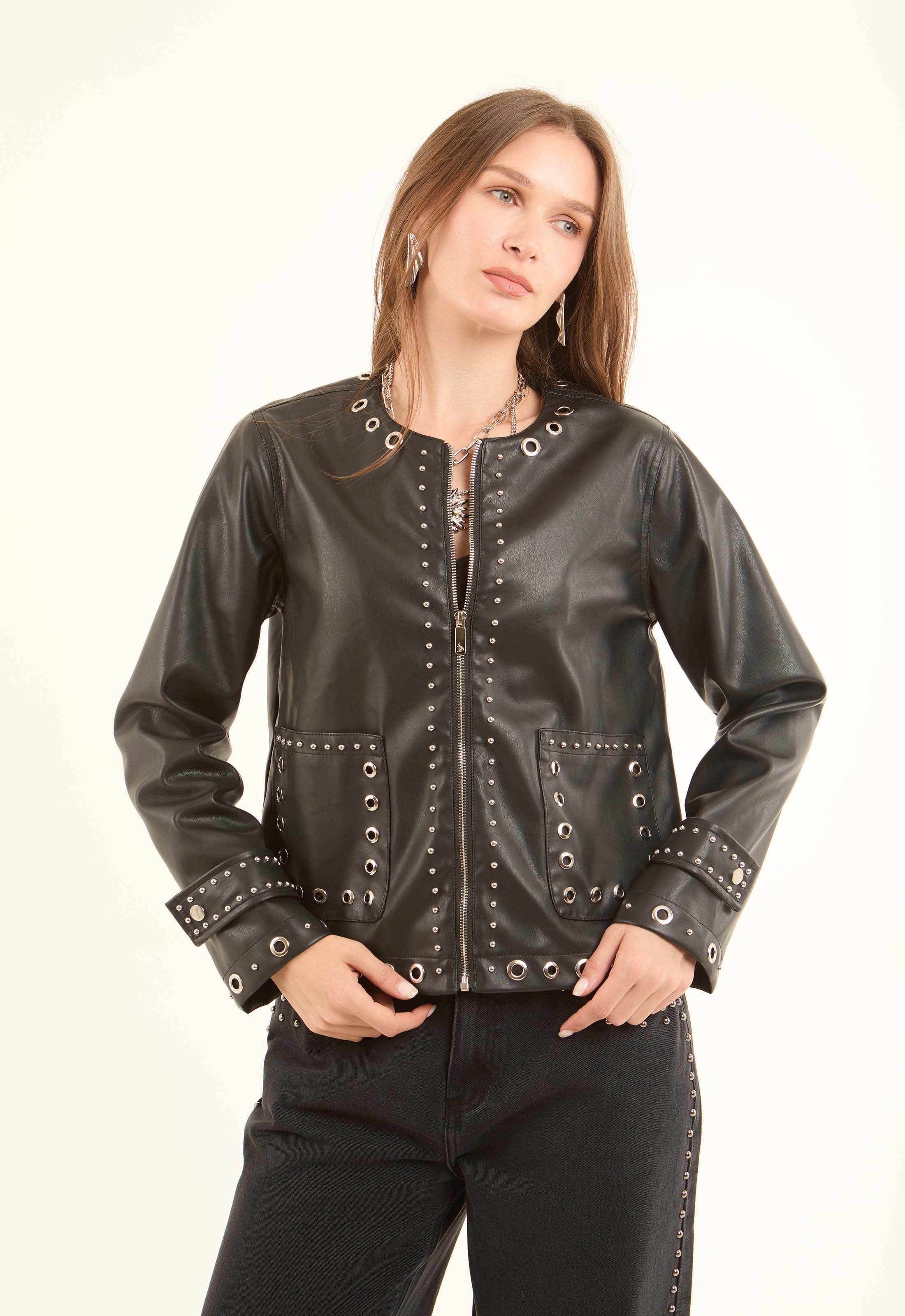 Metal-Stud Faux-Leather Jacket