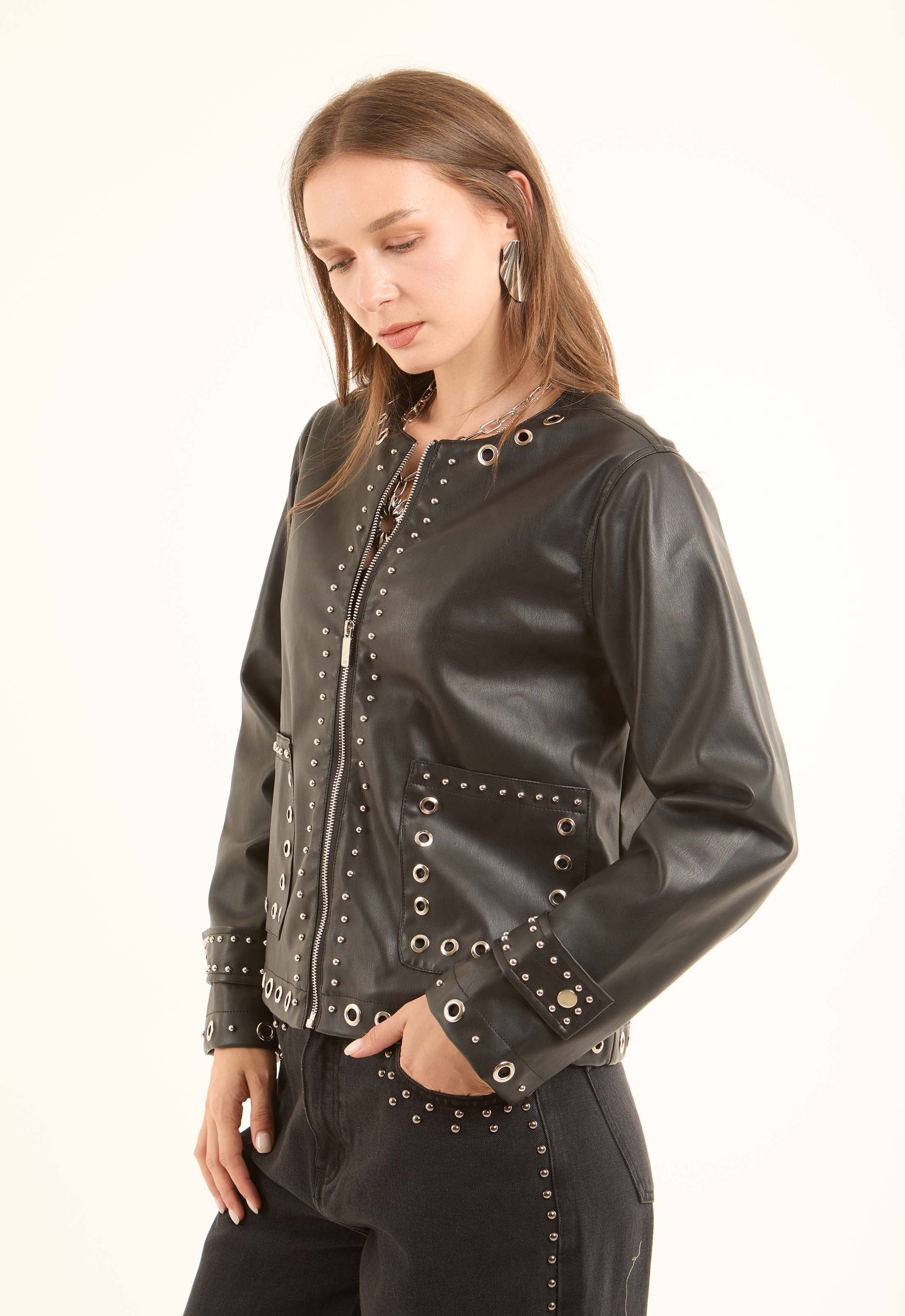 Metal-Stud Faux-Leather Jacket