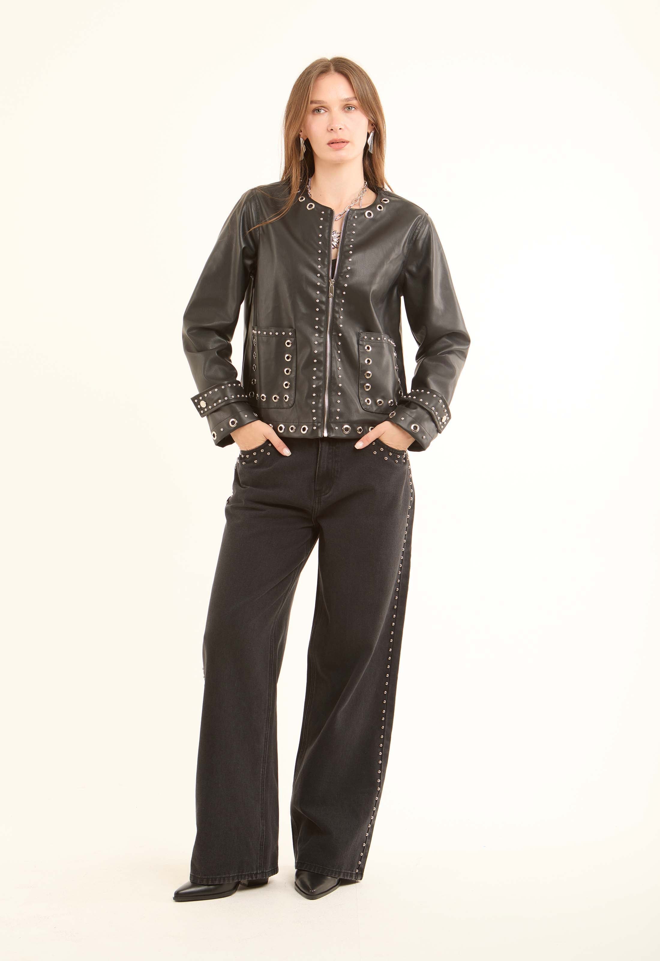 Metal-Stud Faux-Leather Jacket