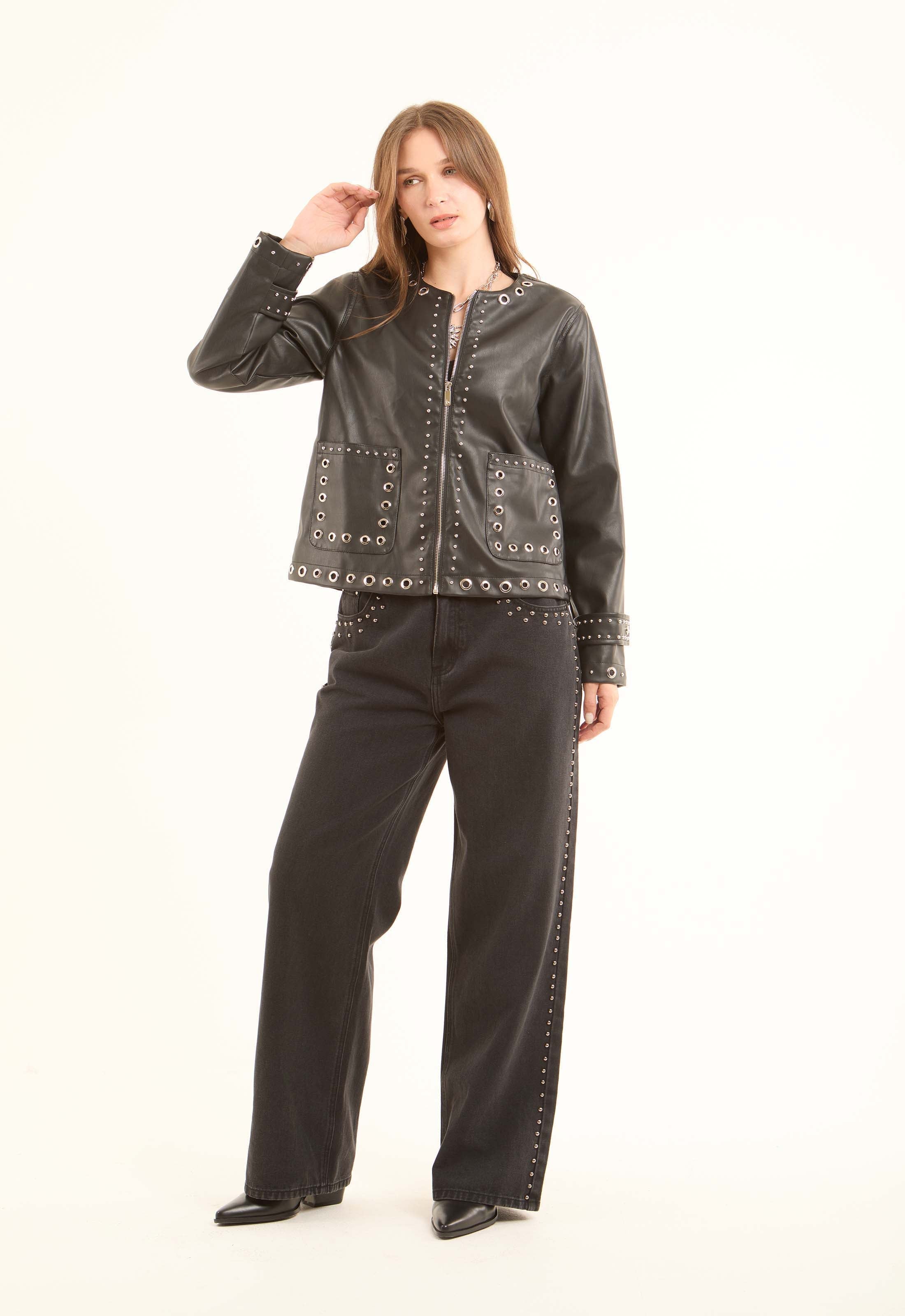 Metal-Stud Faux-Leather Jacket