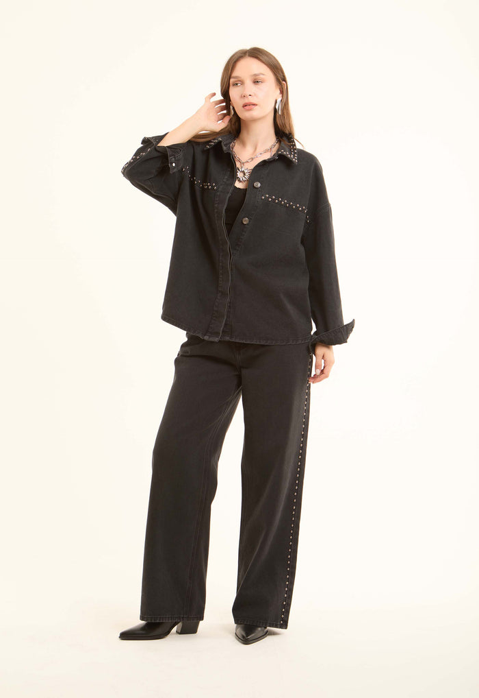 Studded-Side Wide-Leg Jeans