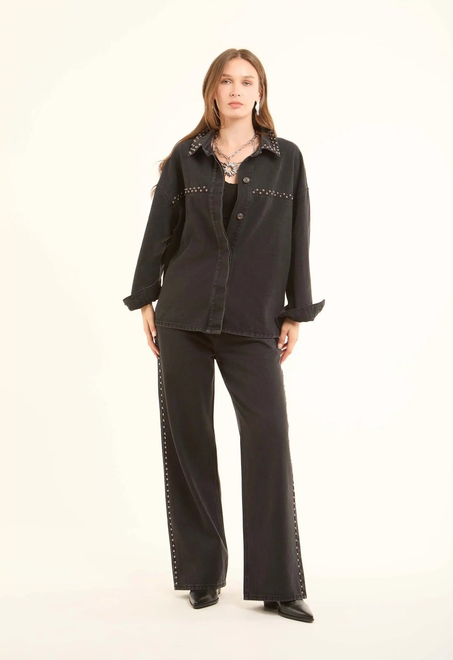 Studded-Side Wide-Leg Jeans
