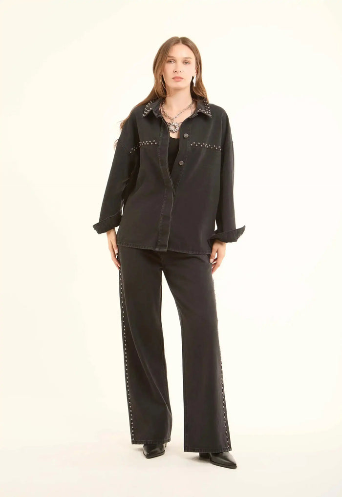 Studded-Side Wide-Leg Jeans