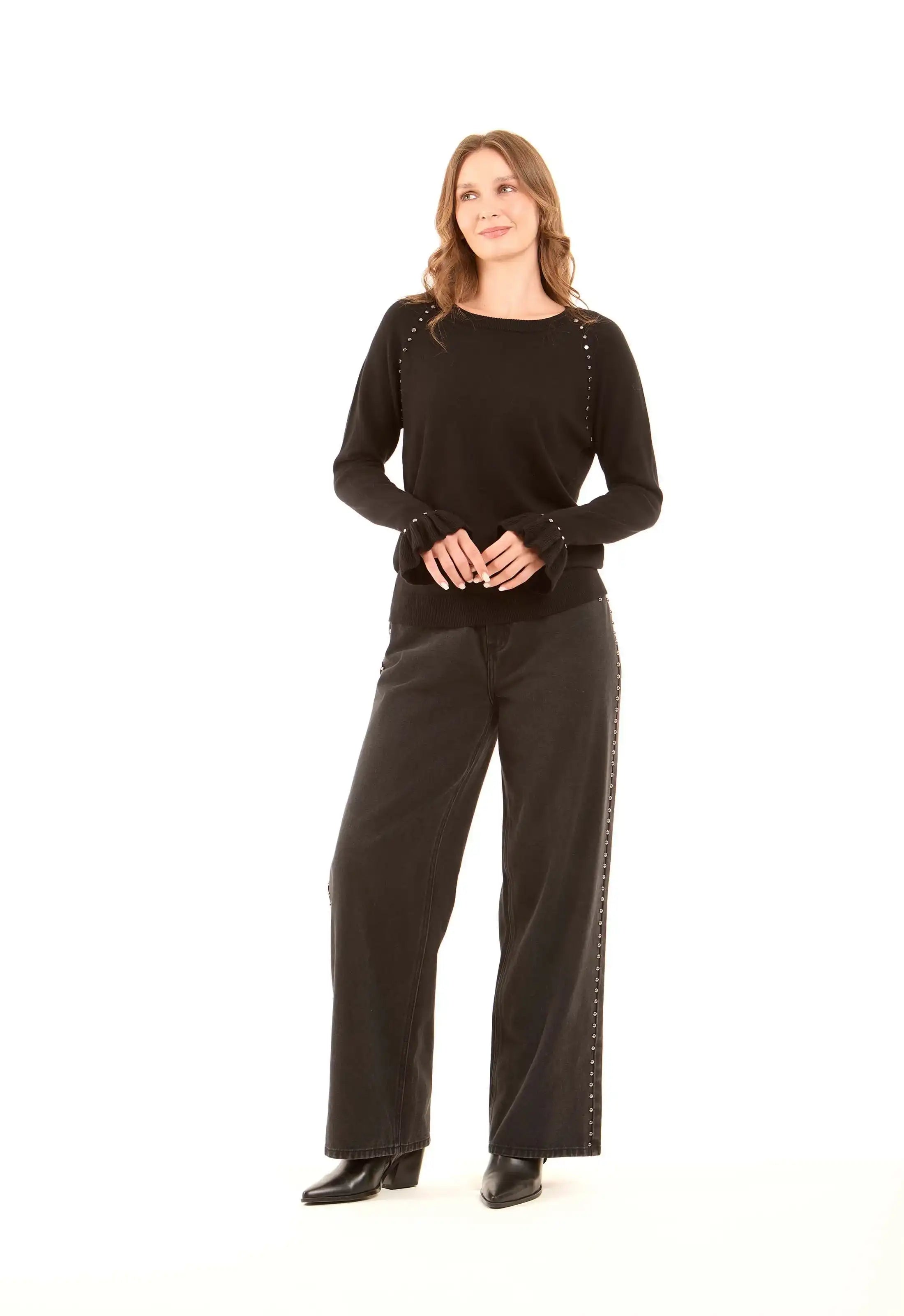 Metal Studs Pullover with Ruffled Pullover