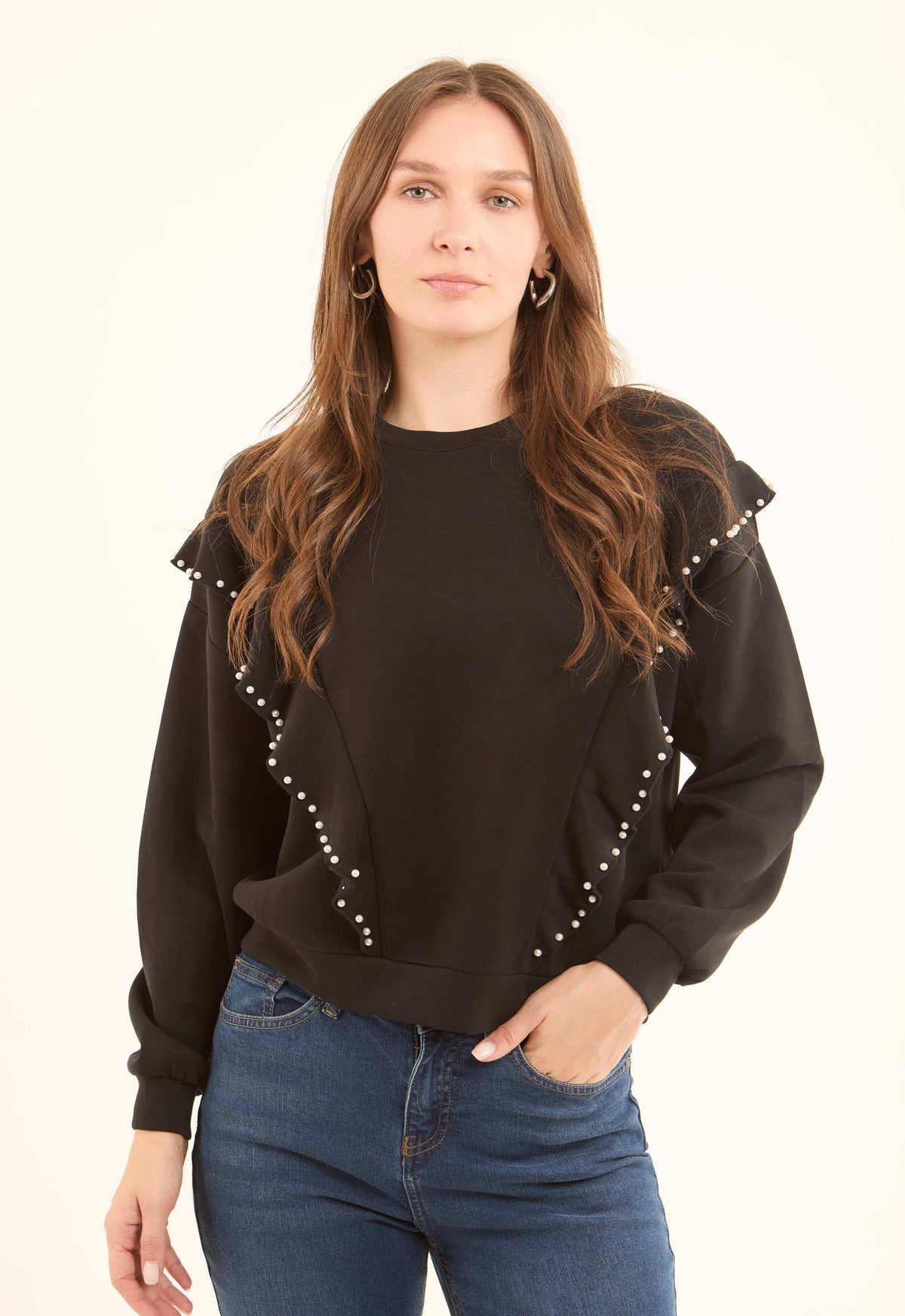 Front Ruffles with Pearls Crew Neck Sweatshirt