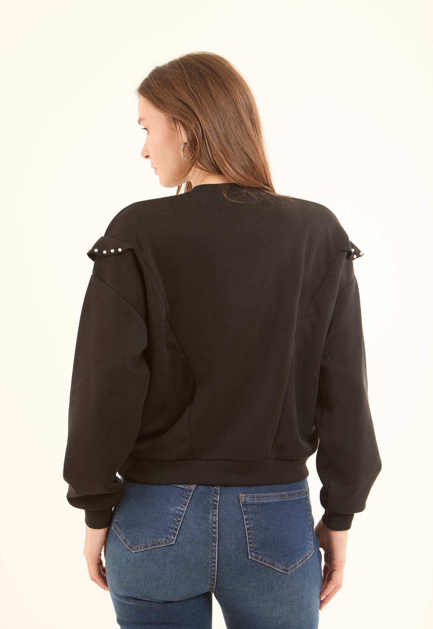 Front Ruffles with Pearls Crew Neck Sweatshirt