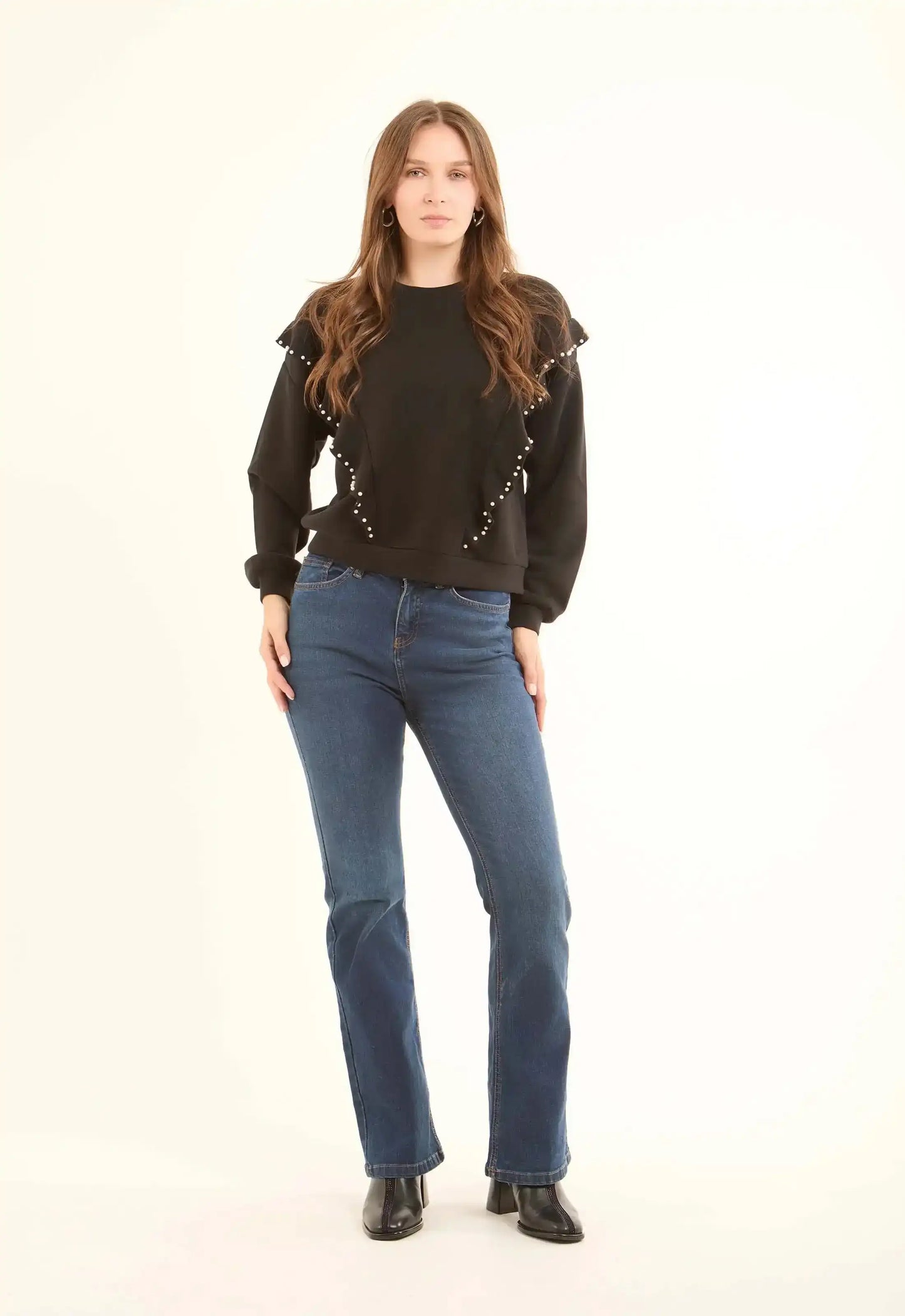 Front Ruffles with Pearls Crew Neck Sweatshirt