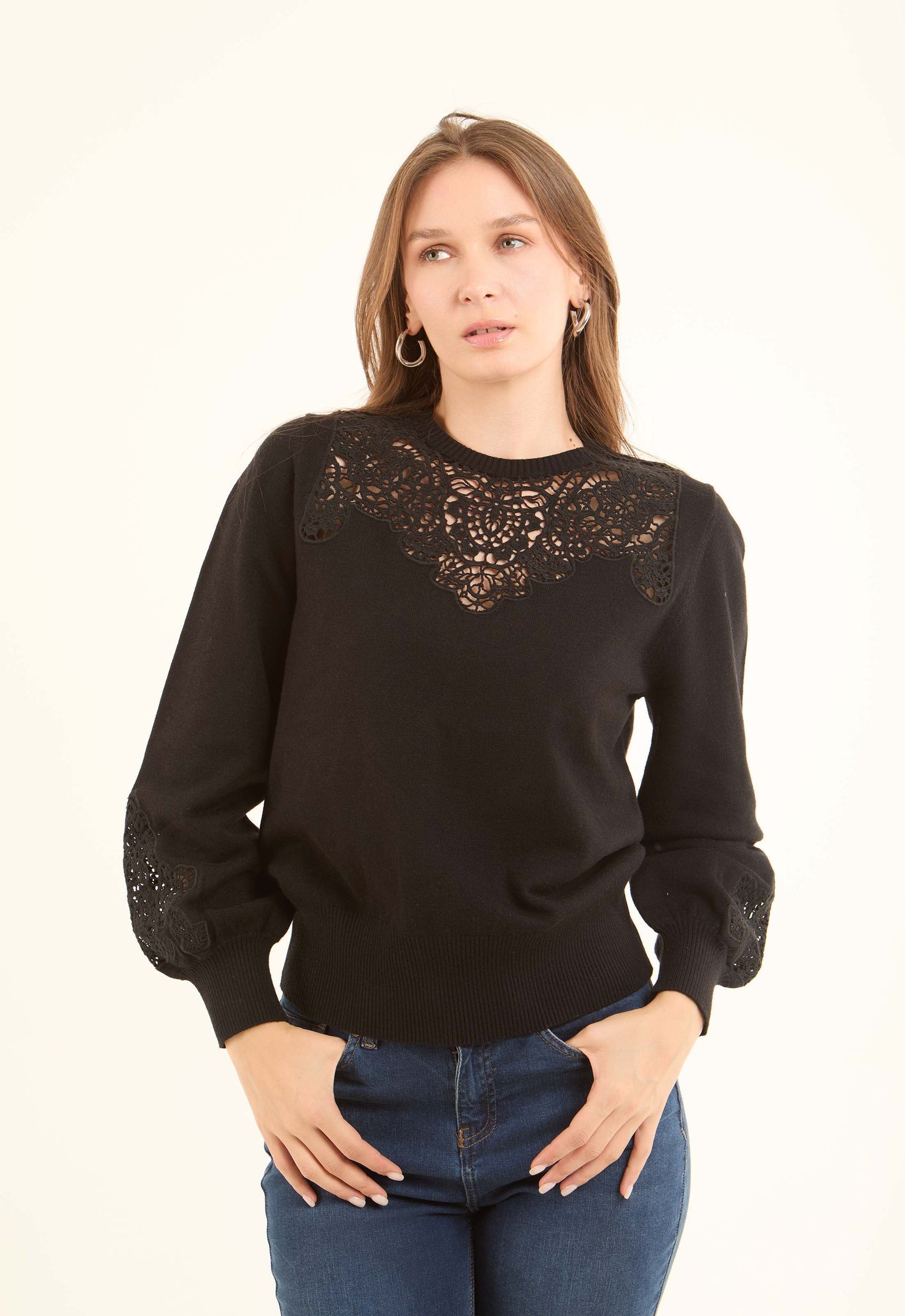 Elegant Pullover with Perforated Crochet Touch