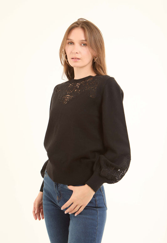 Elegant Pullover with Perforated Crochet Touch