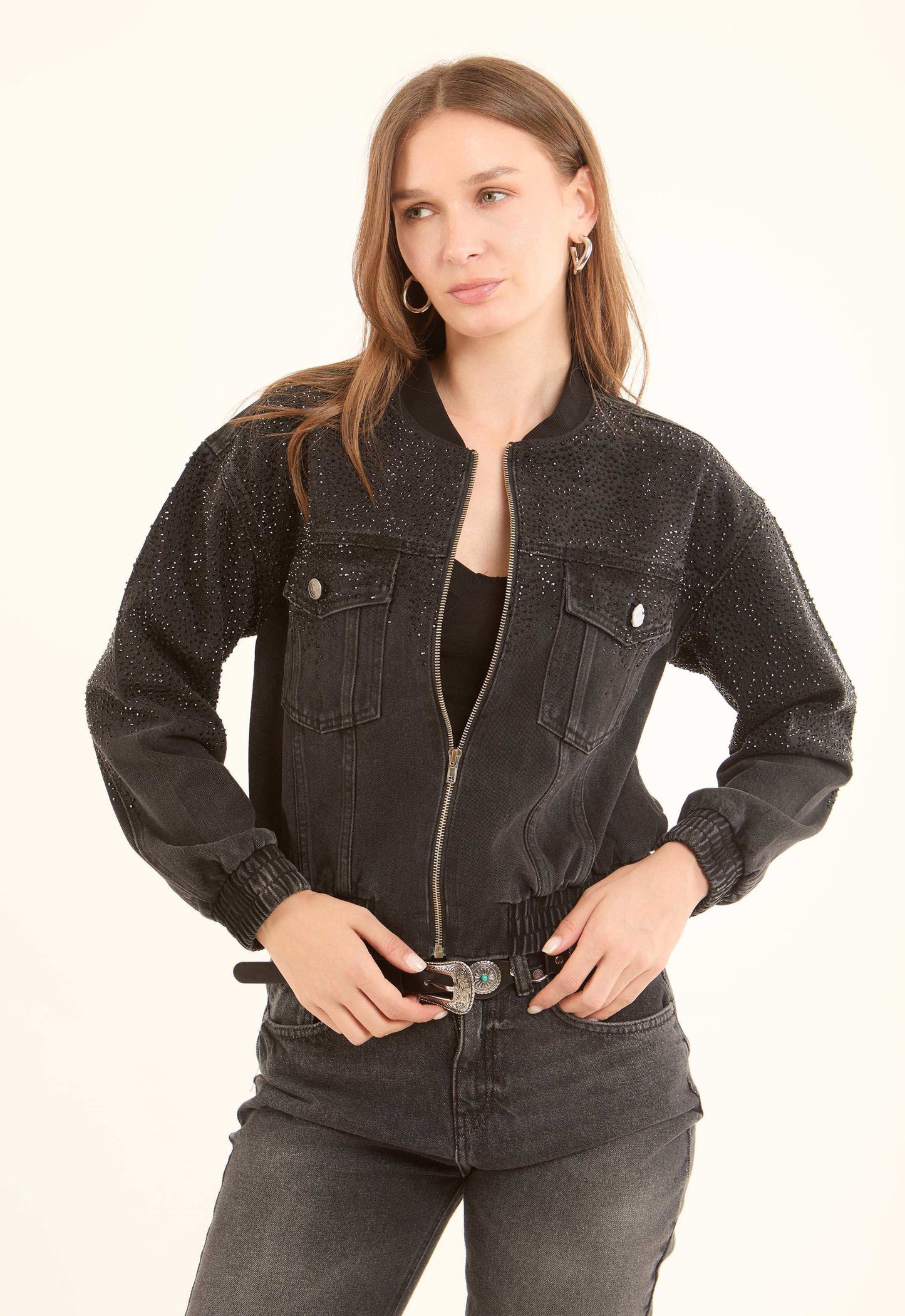 Crystal-Studded Denim Bomber Jacket