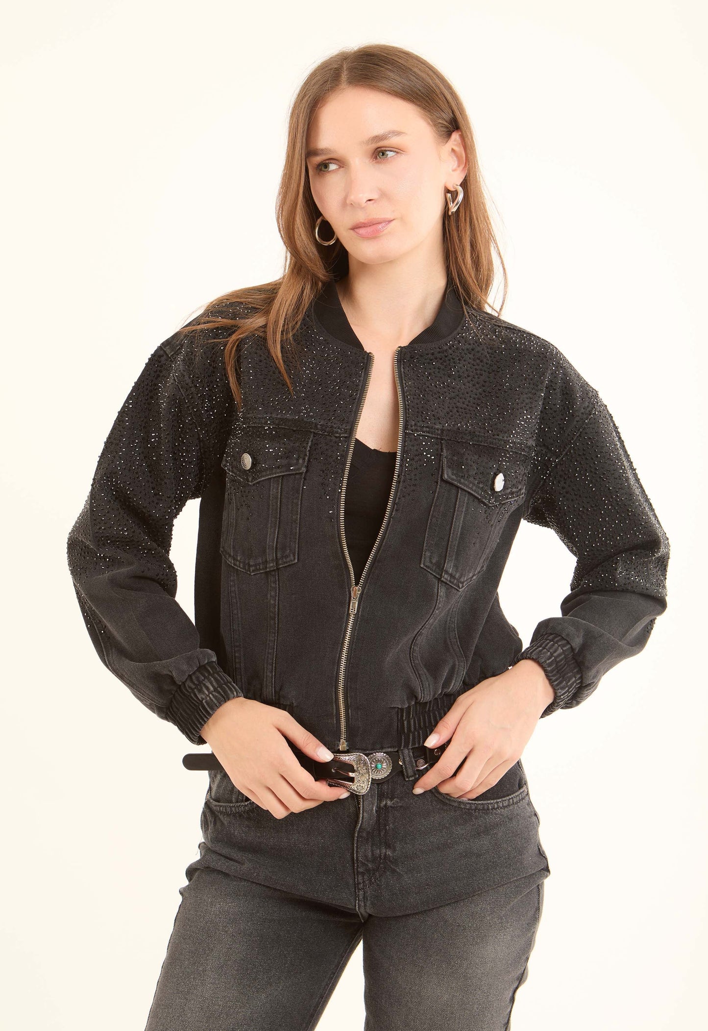 Crystal-Studded Denim Bomber Jacket