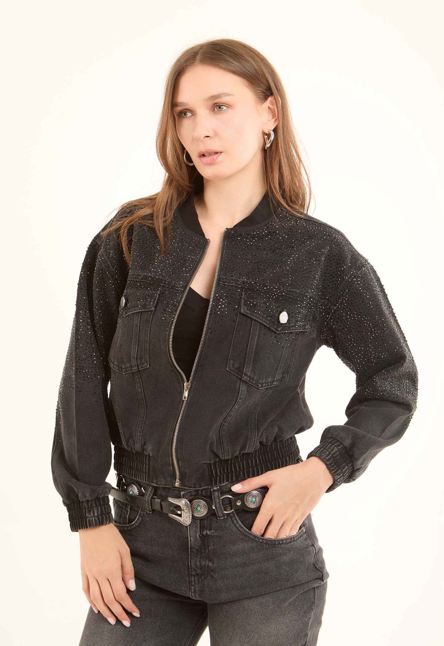 Crystal-Studded Denim Bomber Jacket